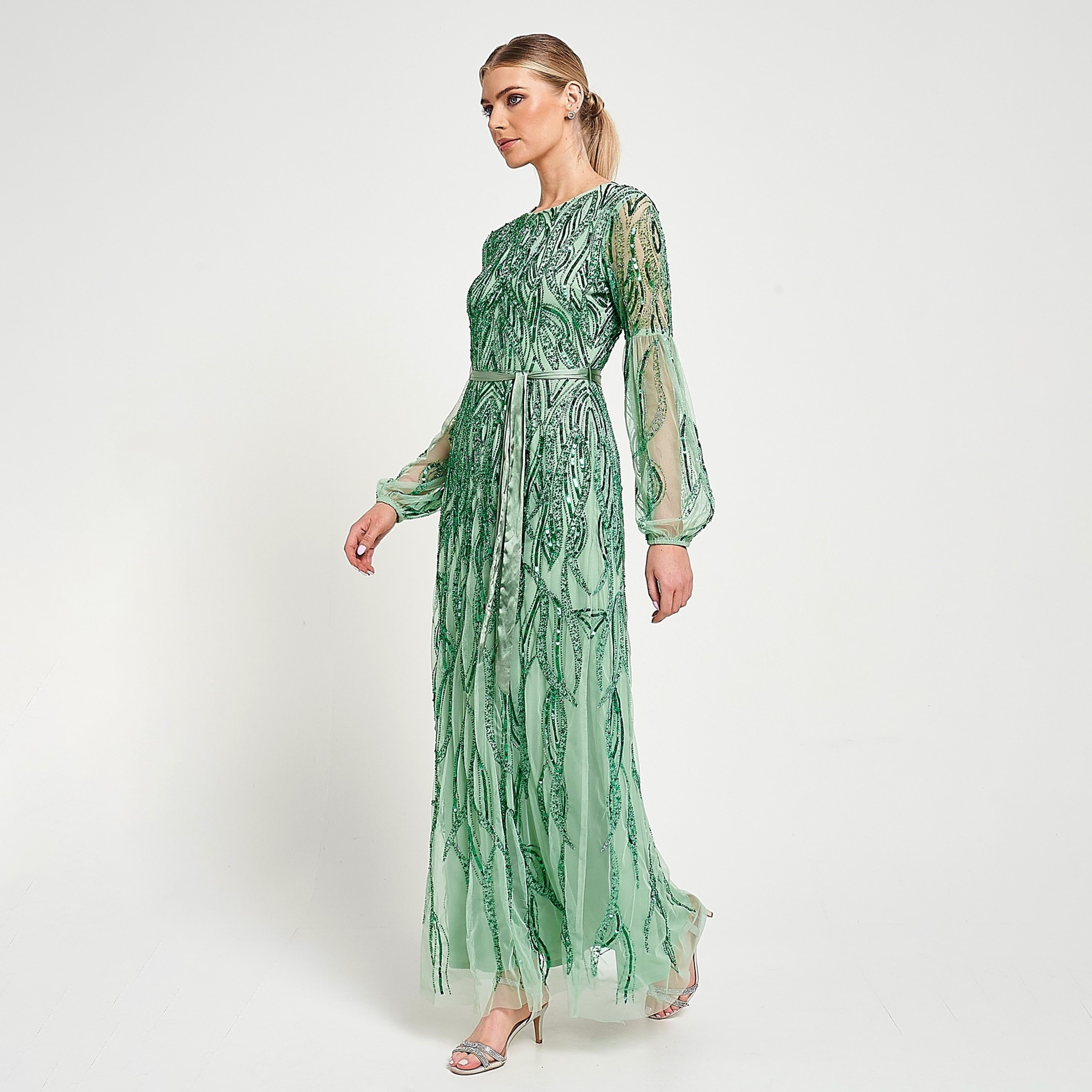 فستان سهرة ماكسي نسائي بأكمام شفافة، أخضر، مطرز بالترتر والخرز من أميليا روز-women-clothing-dresses-image-2