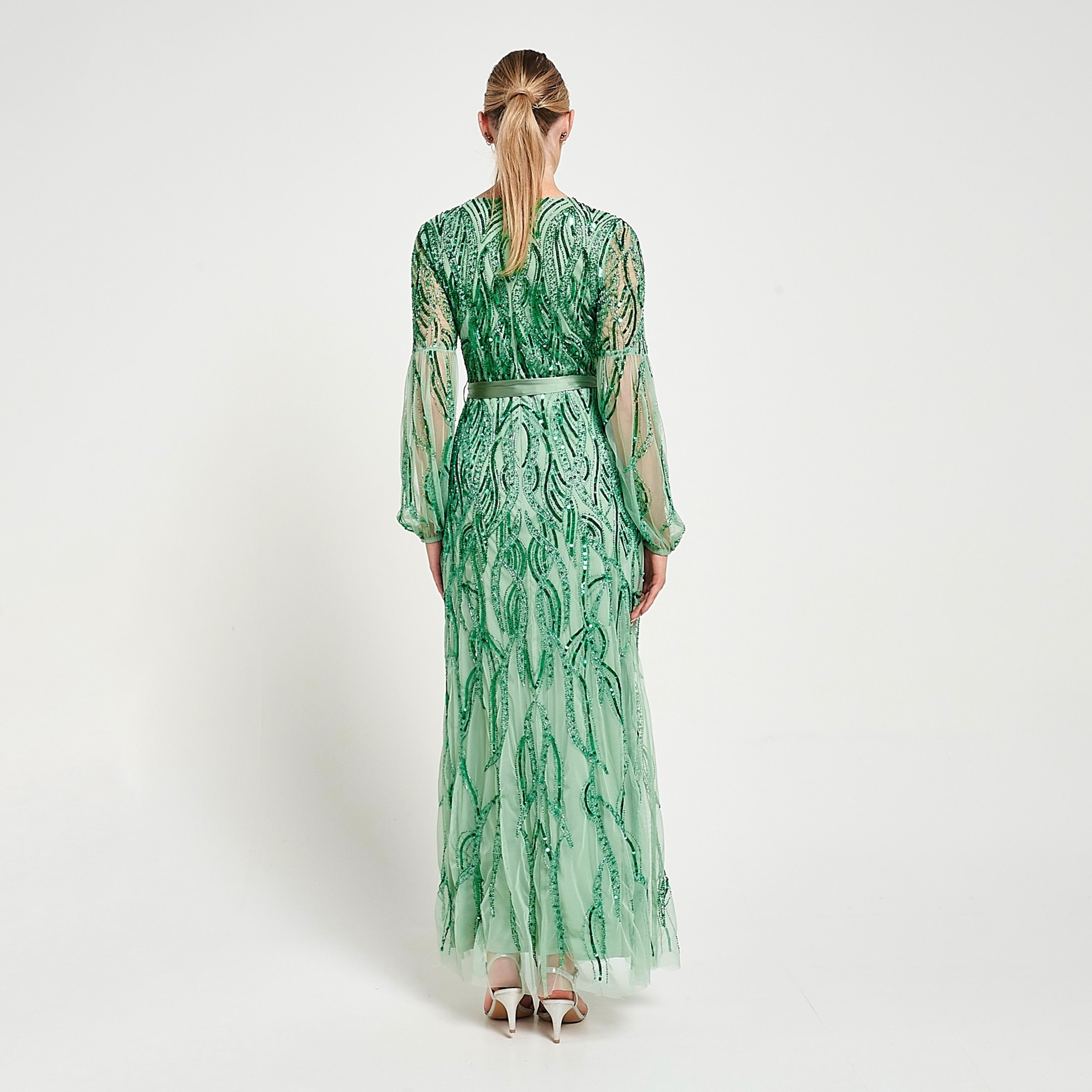 فستان سهرة ماكسي نسائي بأكمام شفافة، أخضر، مطرز بالترتر والخرز من أميليا روز-women-clothing-dresses-image-3