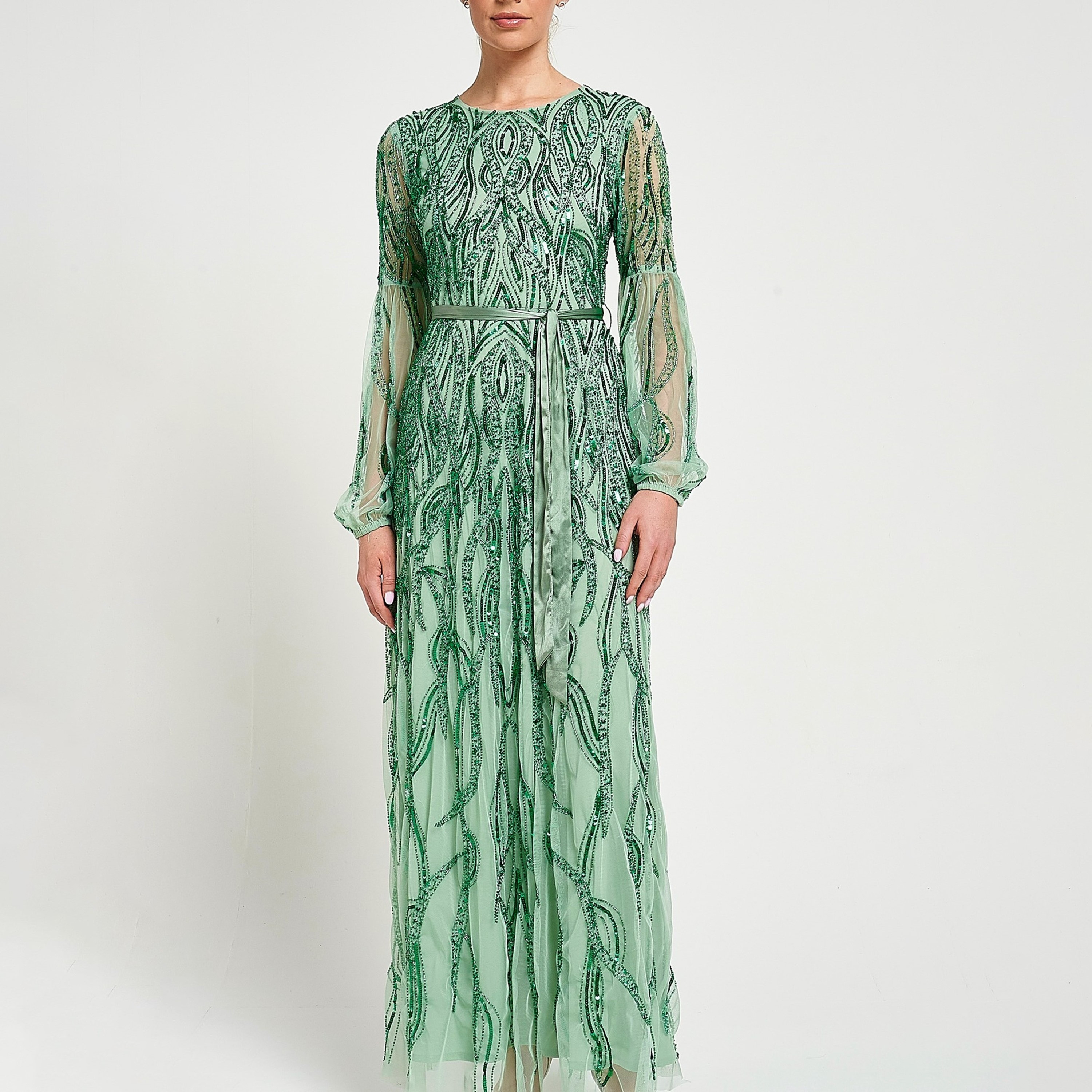 Amelia Rose Green Sequined & Beaded Sheer Sleeves Women's Evening Maxi Dress-women-clothing-dresses-image-4
