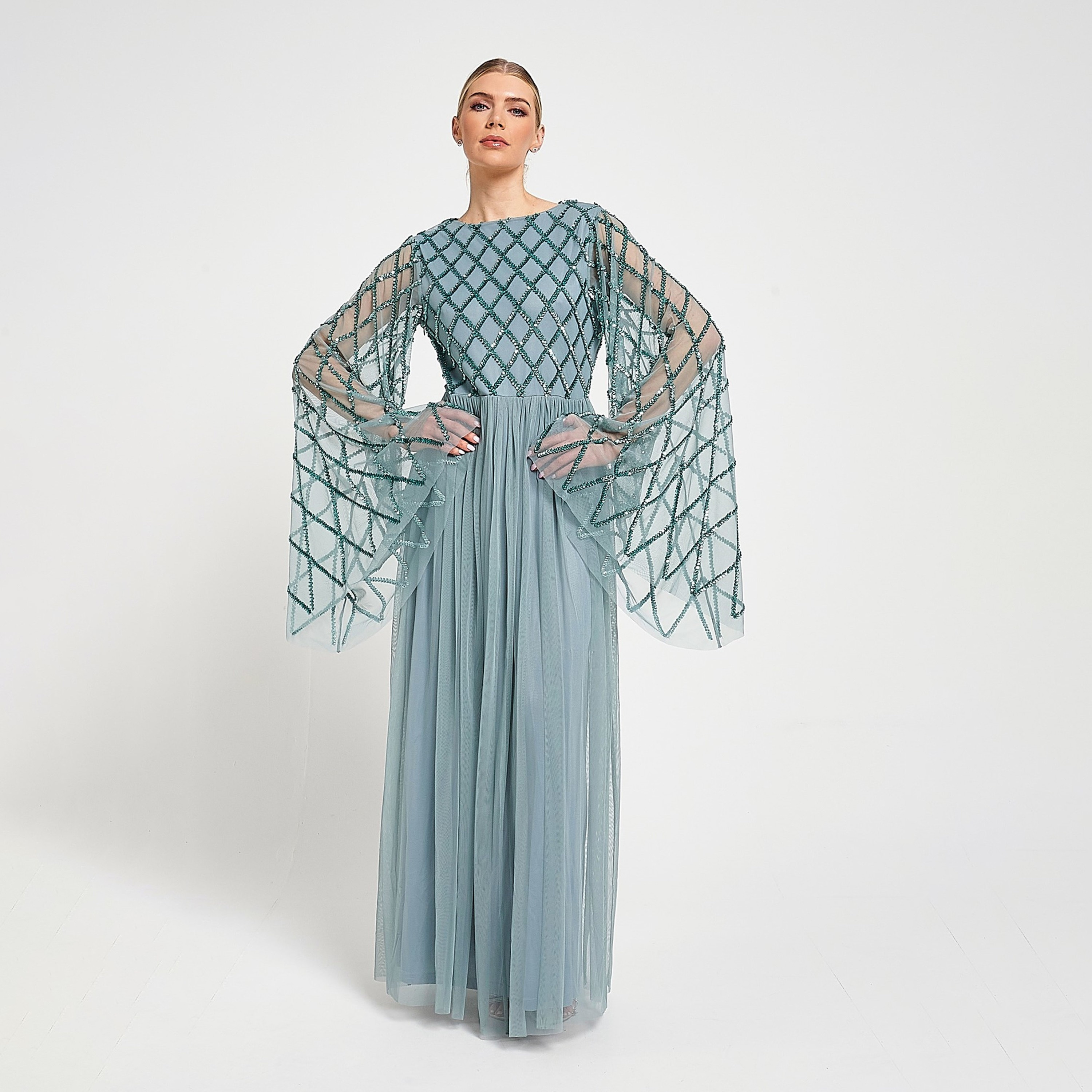 Amelia Rose Teal Sequined Flared Sheer Sleeves Women's Evening Maxi Dress-women-clothing-dresses-image-1