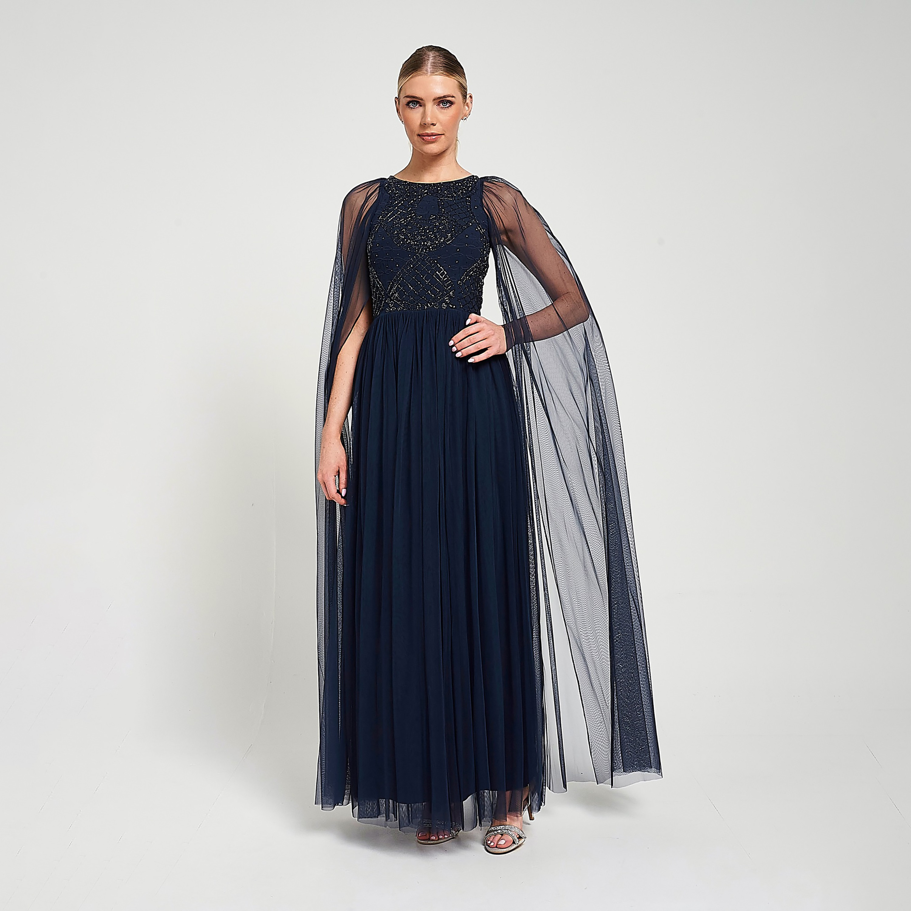 Amelia Rose Navy Beaded Cape Sleeves Fit & Flared Women's Evening Maxi Dress-women-clothing-dresses-image-1
