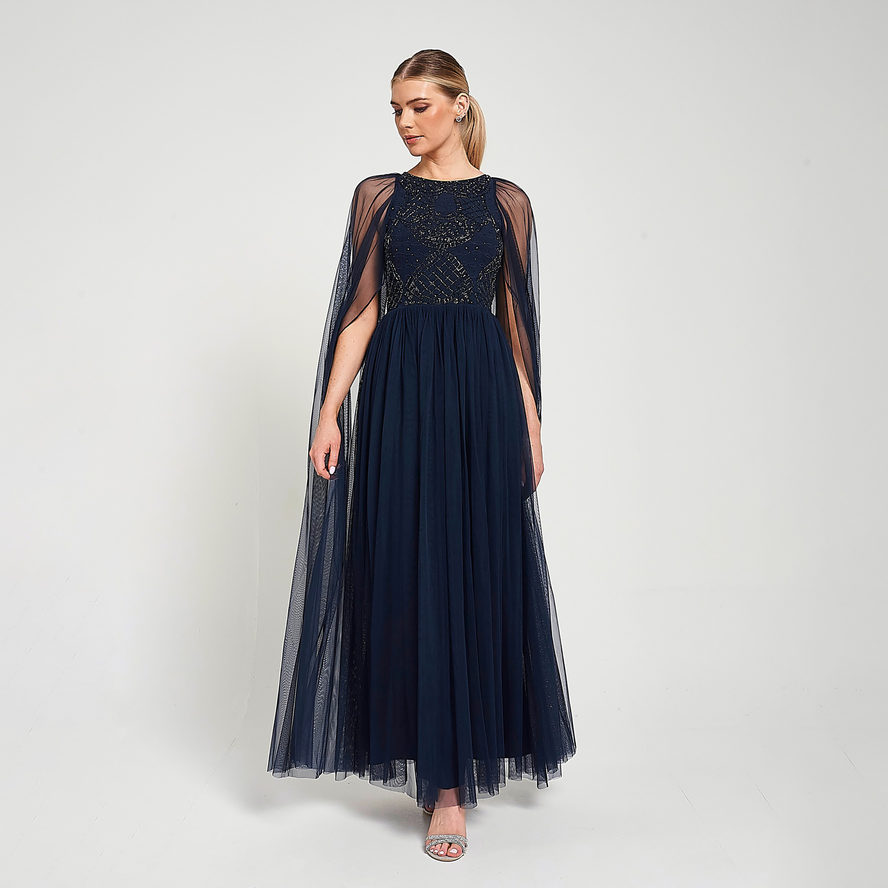 Amelia Rose Navy Beaded Cape Sleeves Fit & Flared Women's Evening Maxi Dress-women-clothing-dresses-image-2