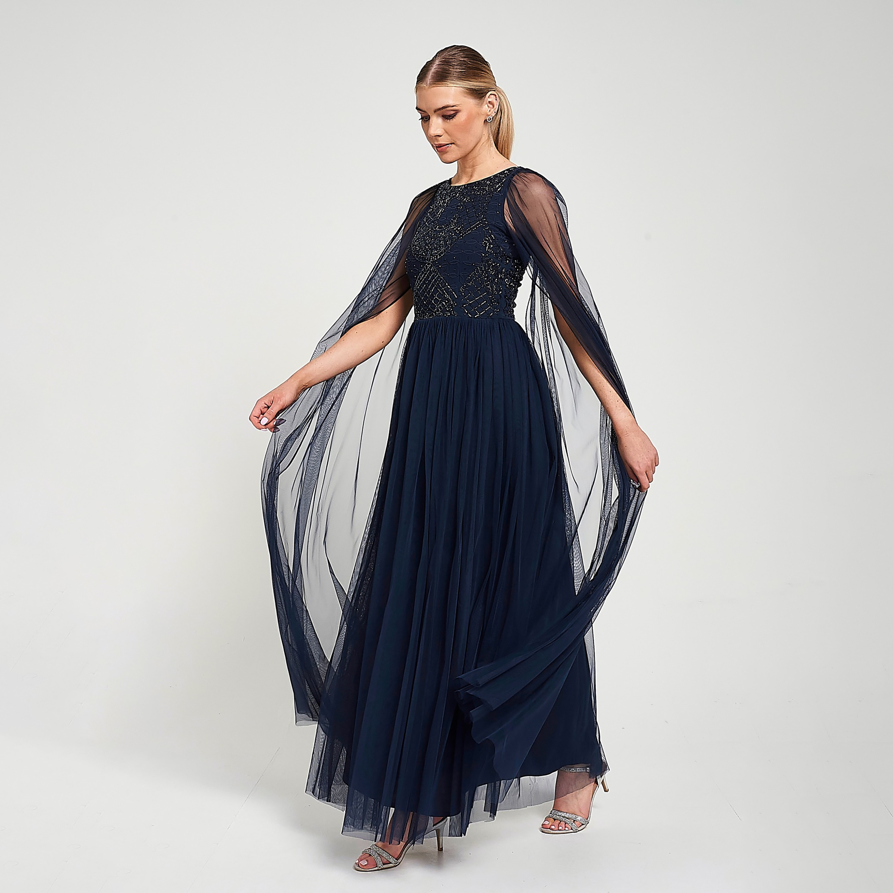 Amelia Rose Navy Beaded Cape Sleeves Fit & Flared Women's Evening Maxi Dress-women-clothing-dresses-image-3