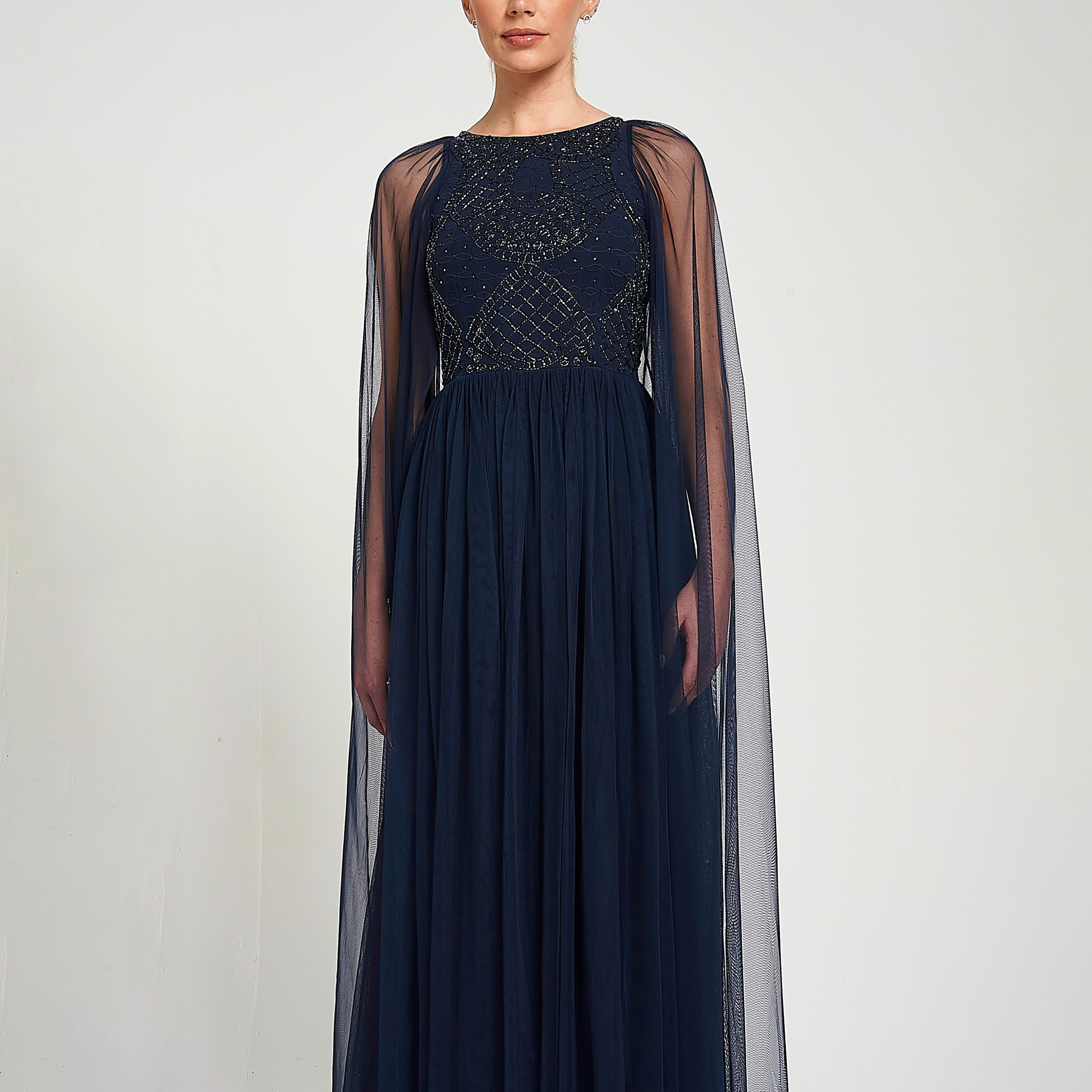 Amelia Rose Navy Beaded Cape Sleeves Fit & Flared Women's Evening Maxi Dress-women-clothing-dresses-image-5