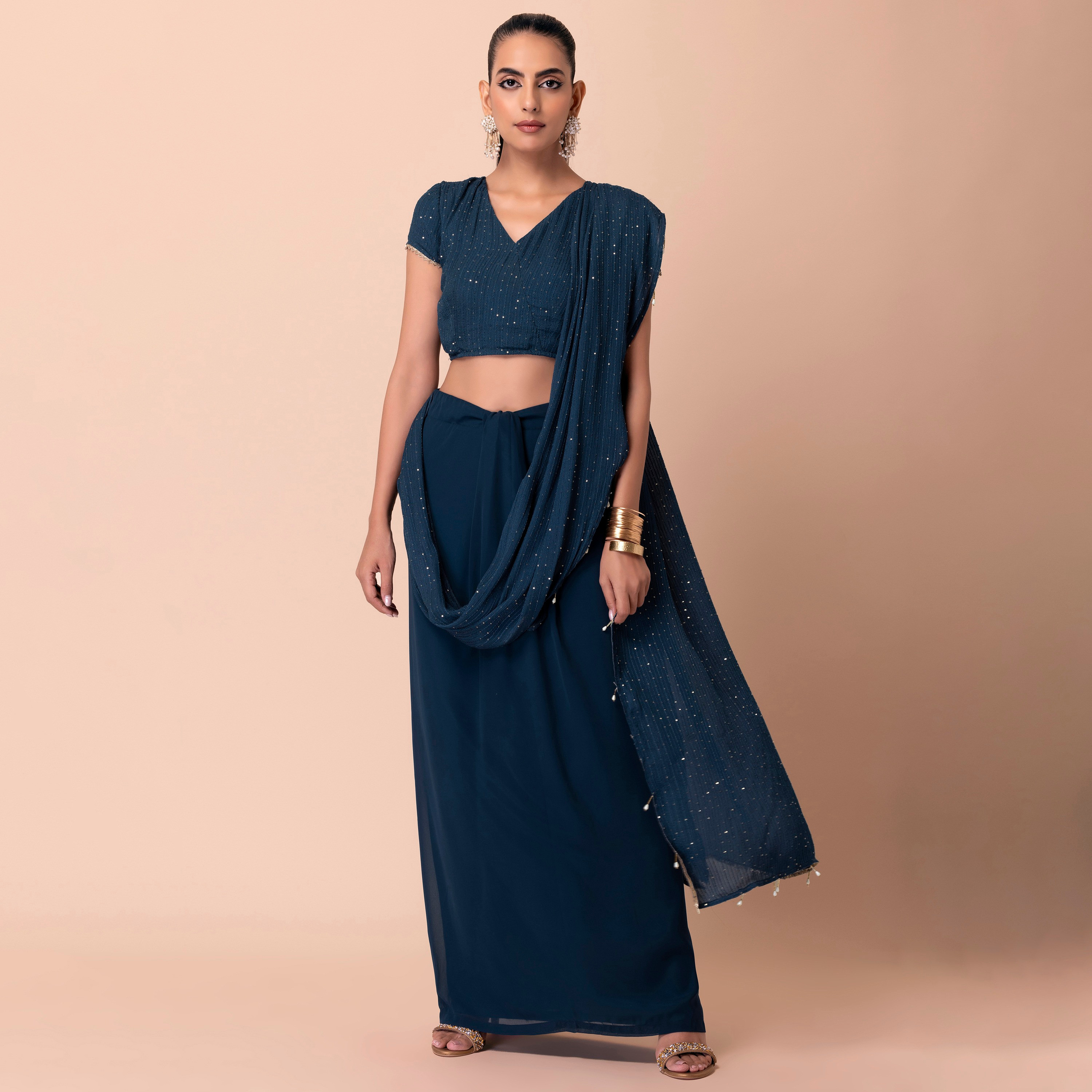 Indya Sequins Georgette Blue Pre-Draped Saree-women-clothing-ethnicwear-sareesets-image-1