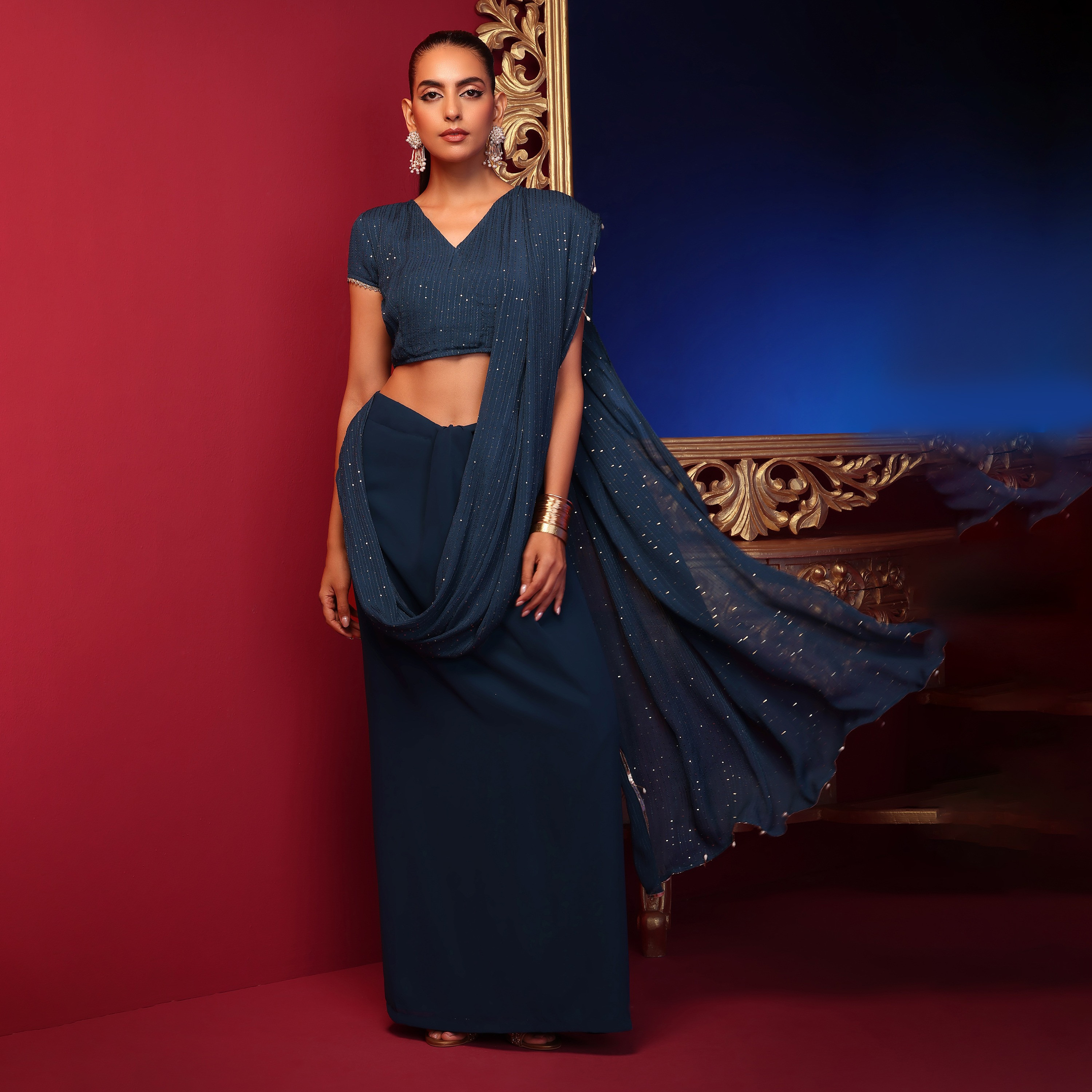 Indya Sequins Georgette Blue Pre-Draped Saree-women-clothing-ethnicwear-sareesets-image-2