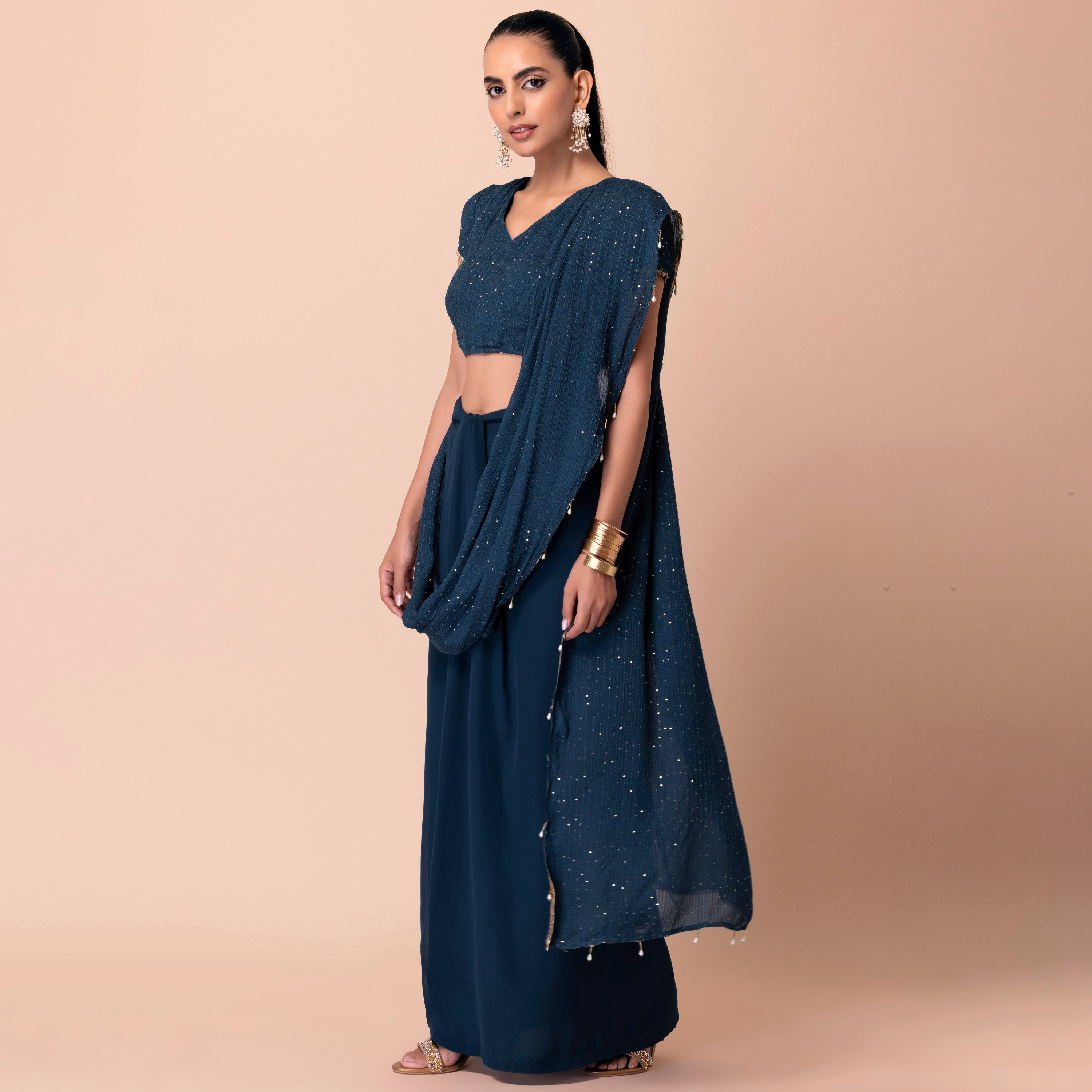 Indya Sequins Georgette Blue Pre-Draped Saree-women-clothing-ethnicwear-sareesets-image-4