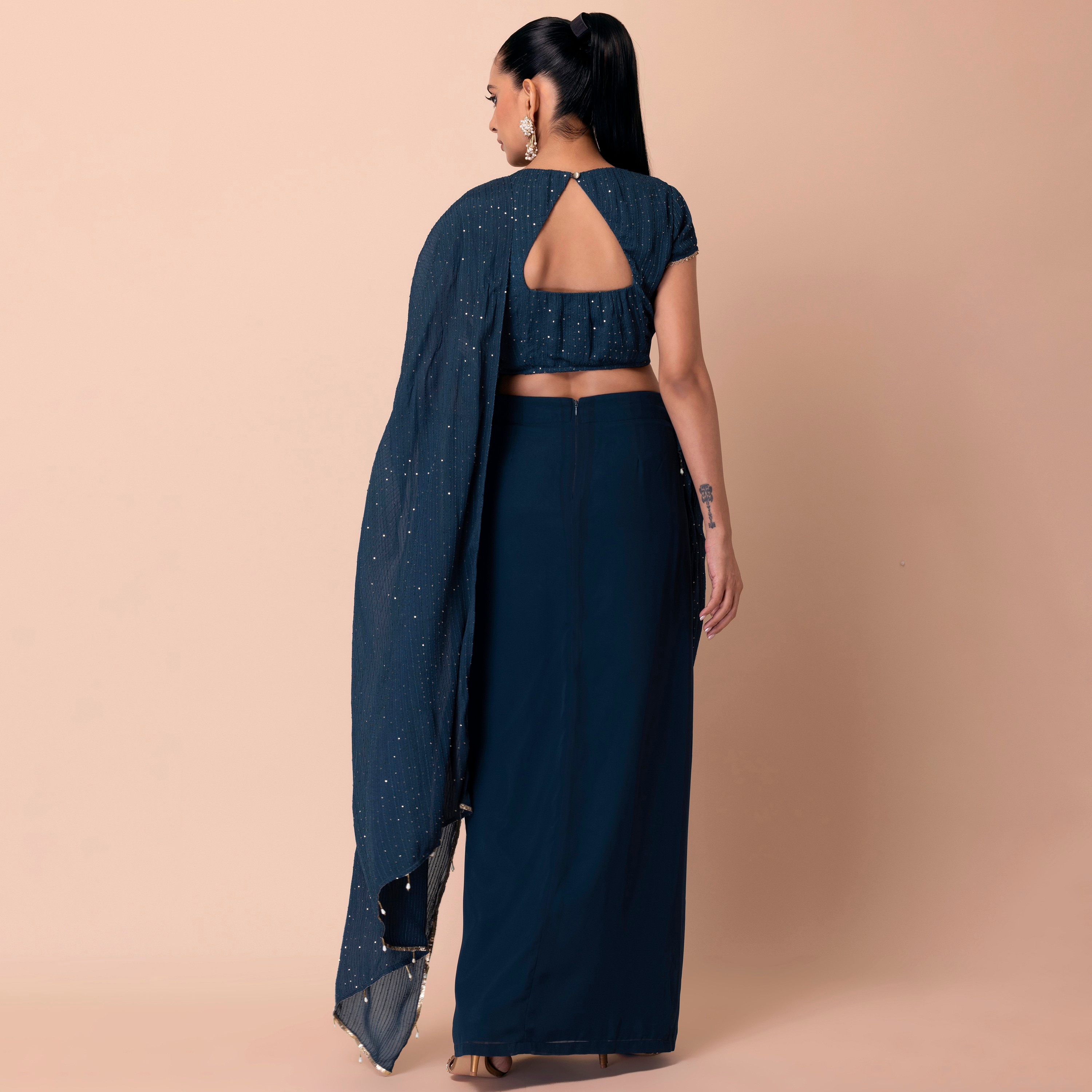 Indya Sequins Georgette Blue Pre-Draped Saree-women-clothing-ethnicwear-sareesets-image-5