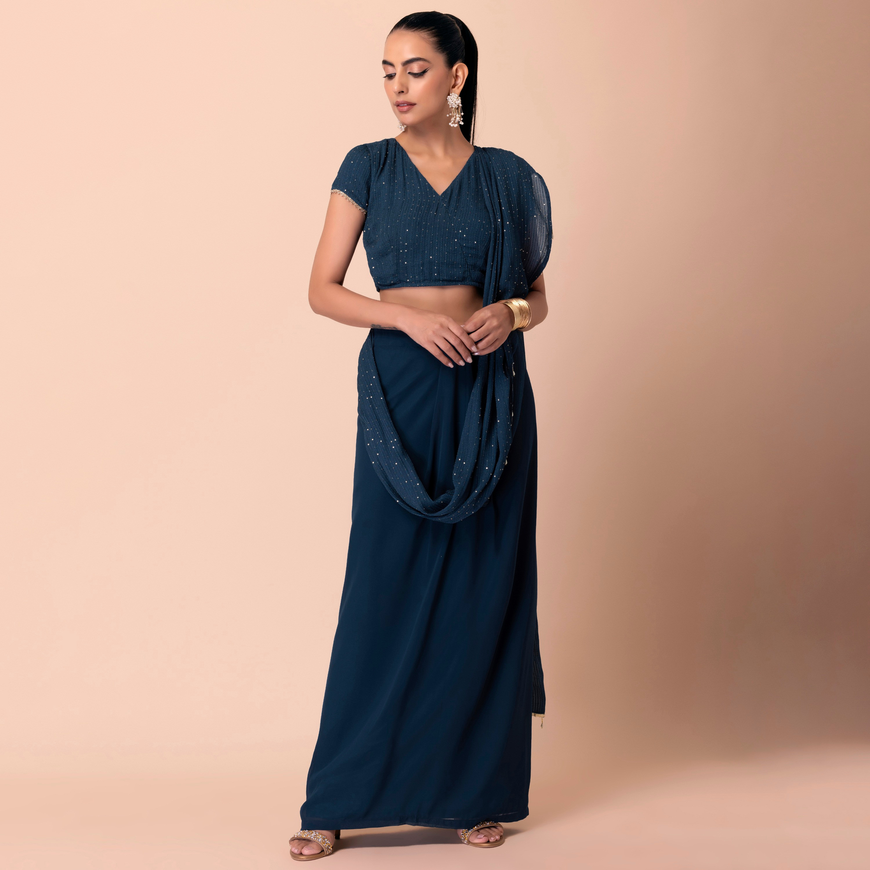 Indya Sequins Georgette Blue Pre-Draped Saree-women-clothing-ethnicwear-sareesets-image-6