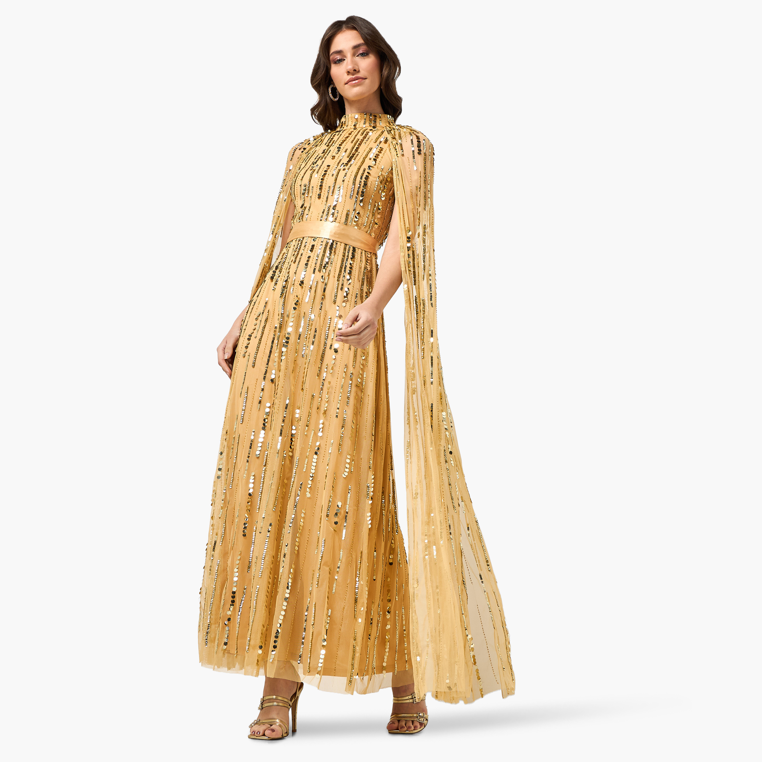 Amelia Rose Gold Sequined High Neck Cape Sleeves Women's Evening Maxi Dress-women-clothing-dresses-image-1