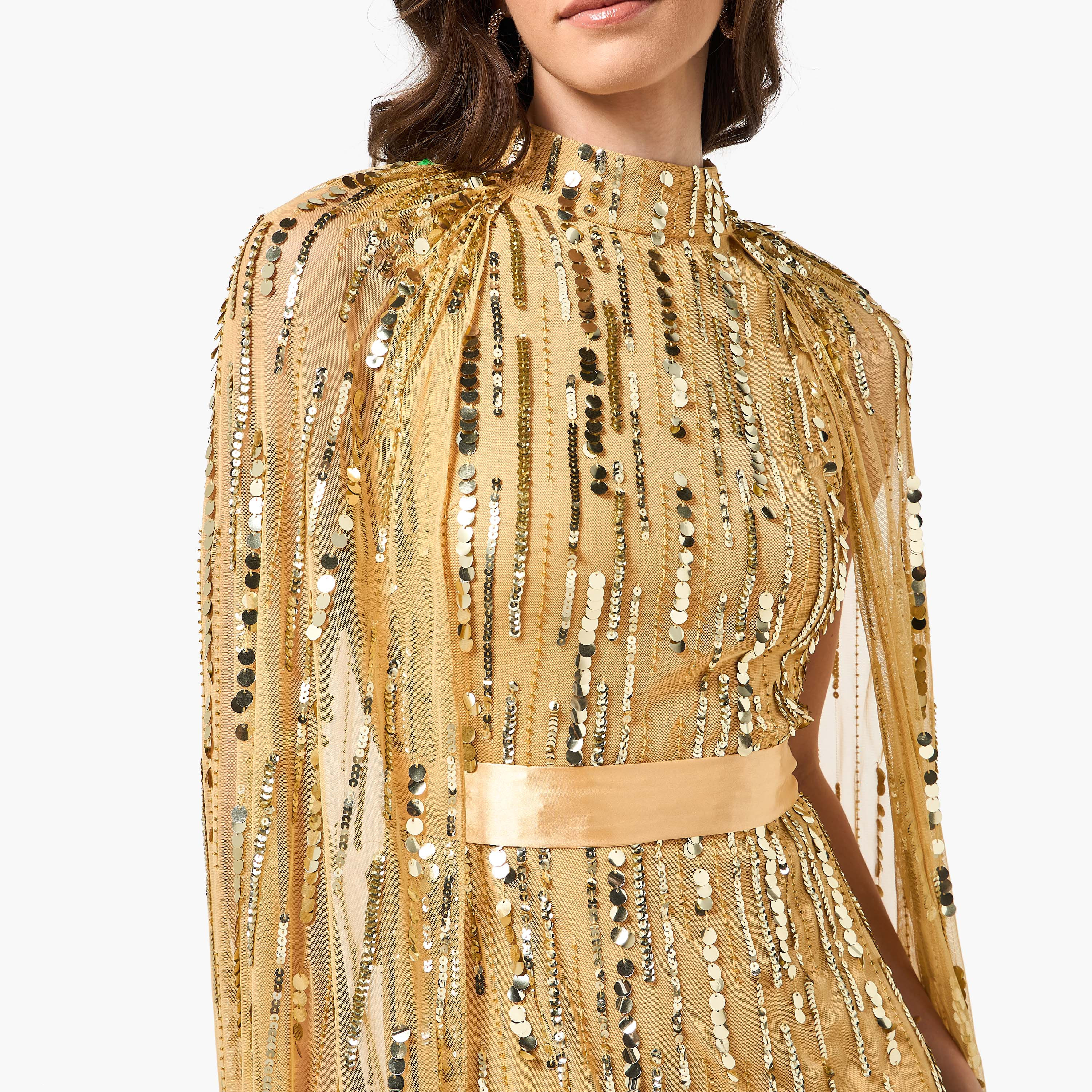 Amelia Rose Gold Sequined High Neck Cape Sleeves Women's Evening Maxi Dress-women-clothing-dresses-image-2