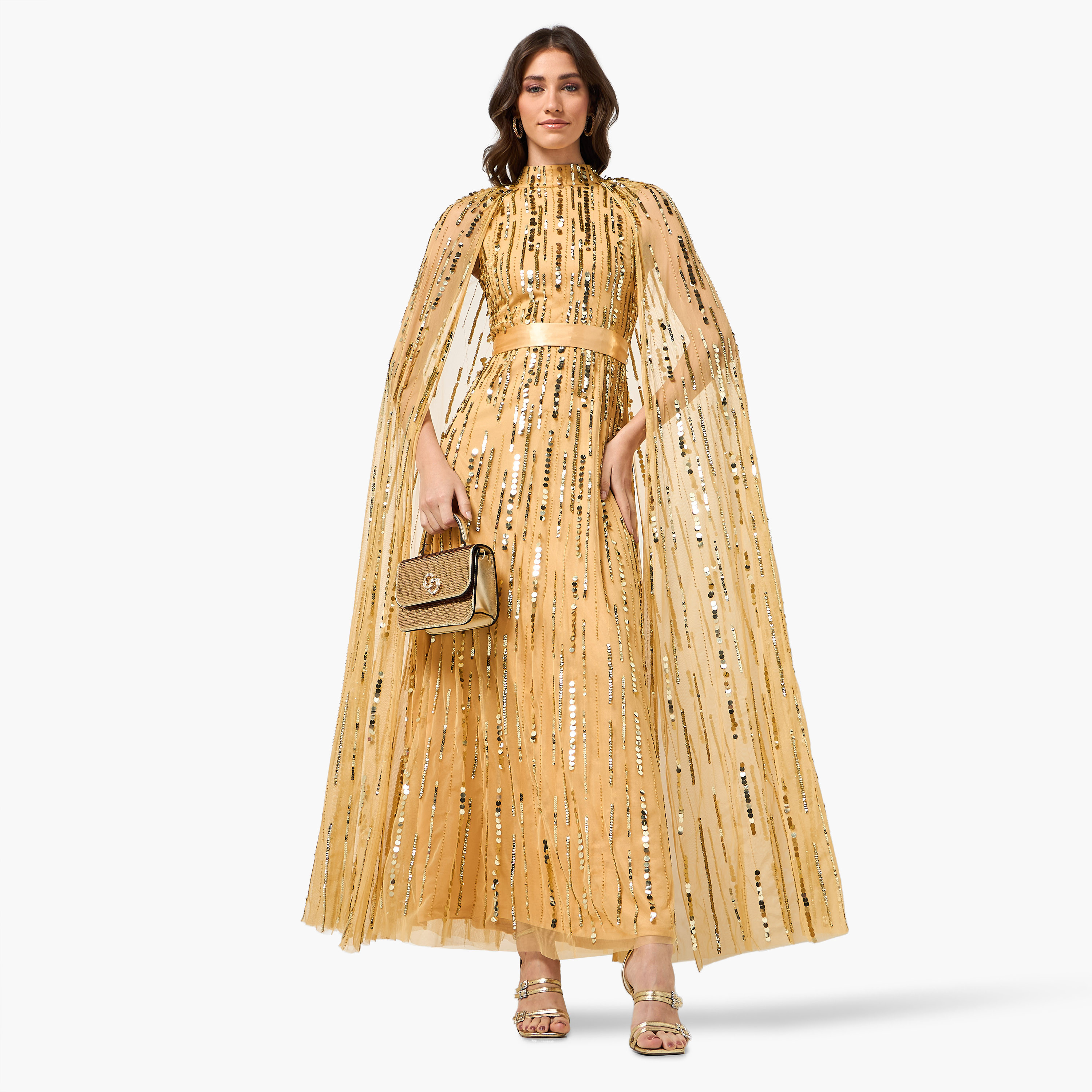 Amelia Rose Gold Sequined High Neck Cape Sleeves Women's Evening Maxi Dress-women-clothing-dresses-image-3