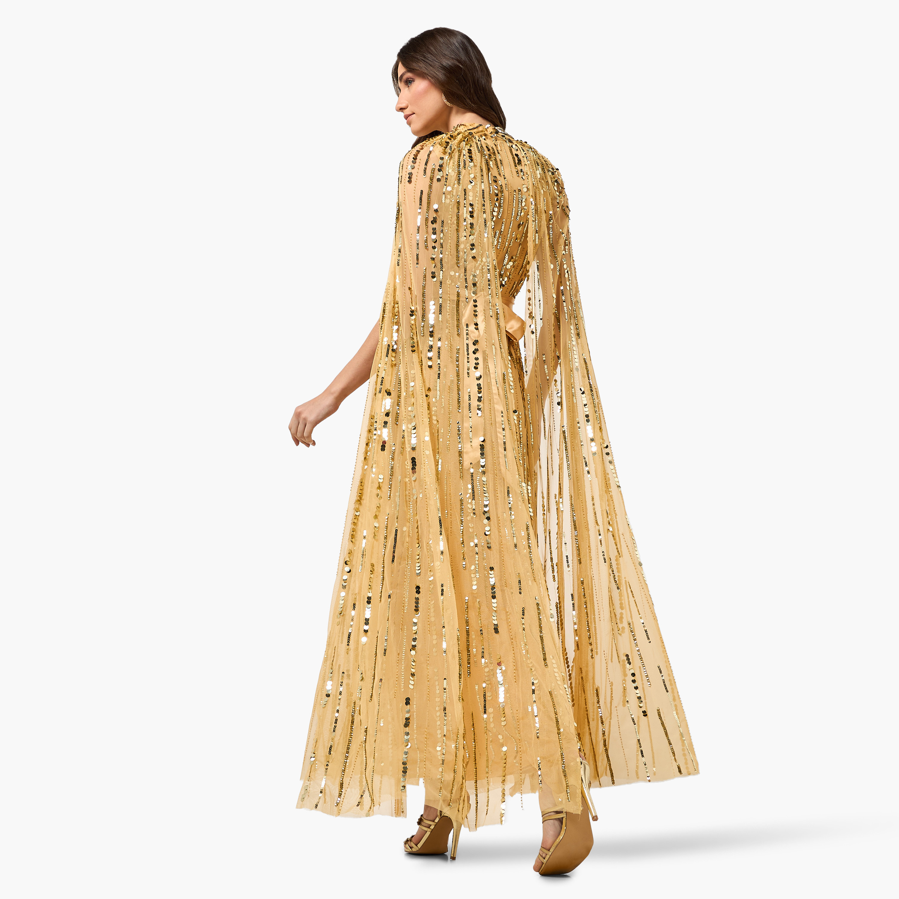 Amelia Rose Gold Sequined High Neck Cape Sleeves Women's Evening Maxi Dress-women-clothing-dresses-image-4