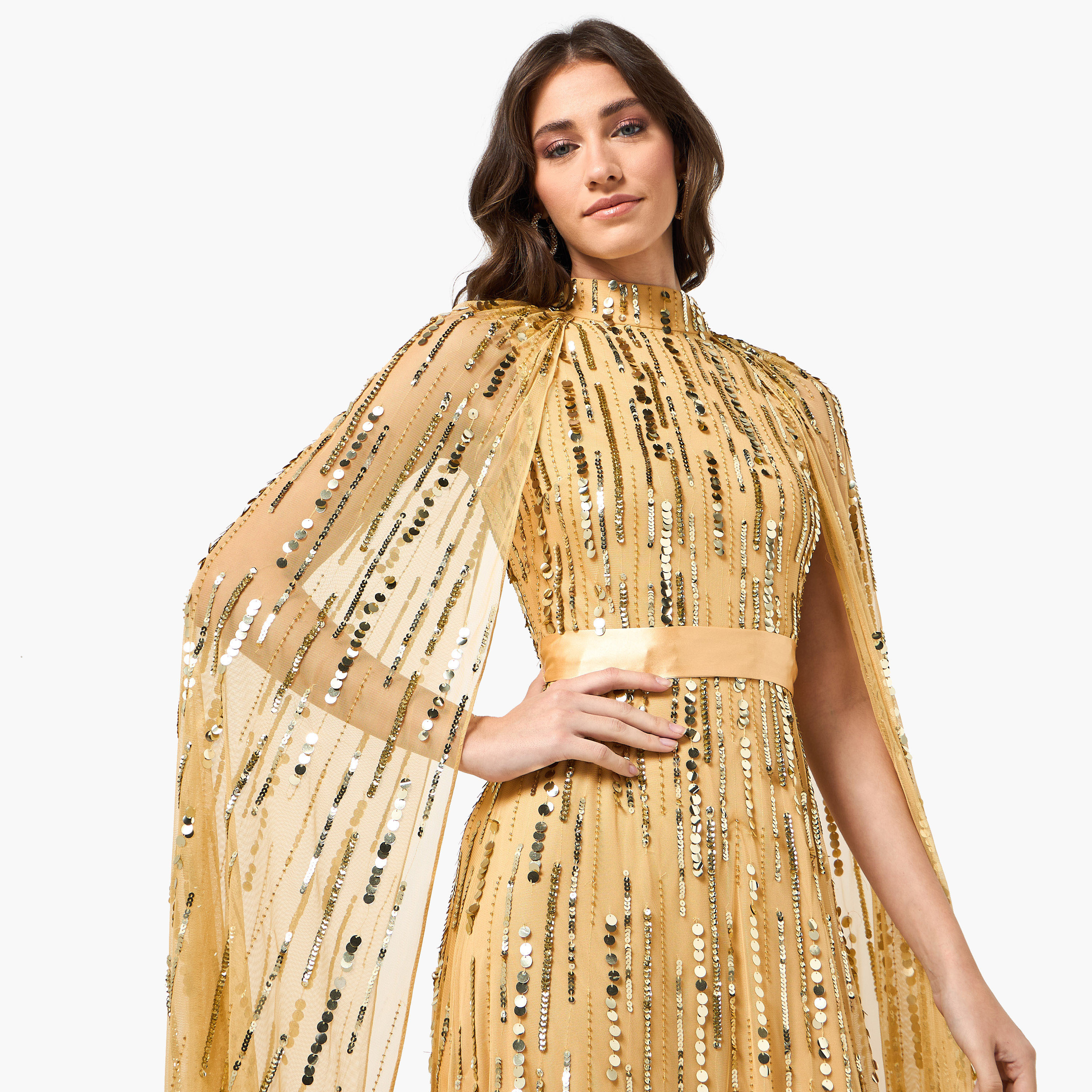 فستان سهرة ماكسي بياقة عالية وأكمام "كيب" ومزين بالترتر الذهبي من أميليا روز-women-clothing-dresses-image-5
