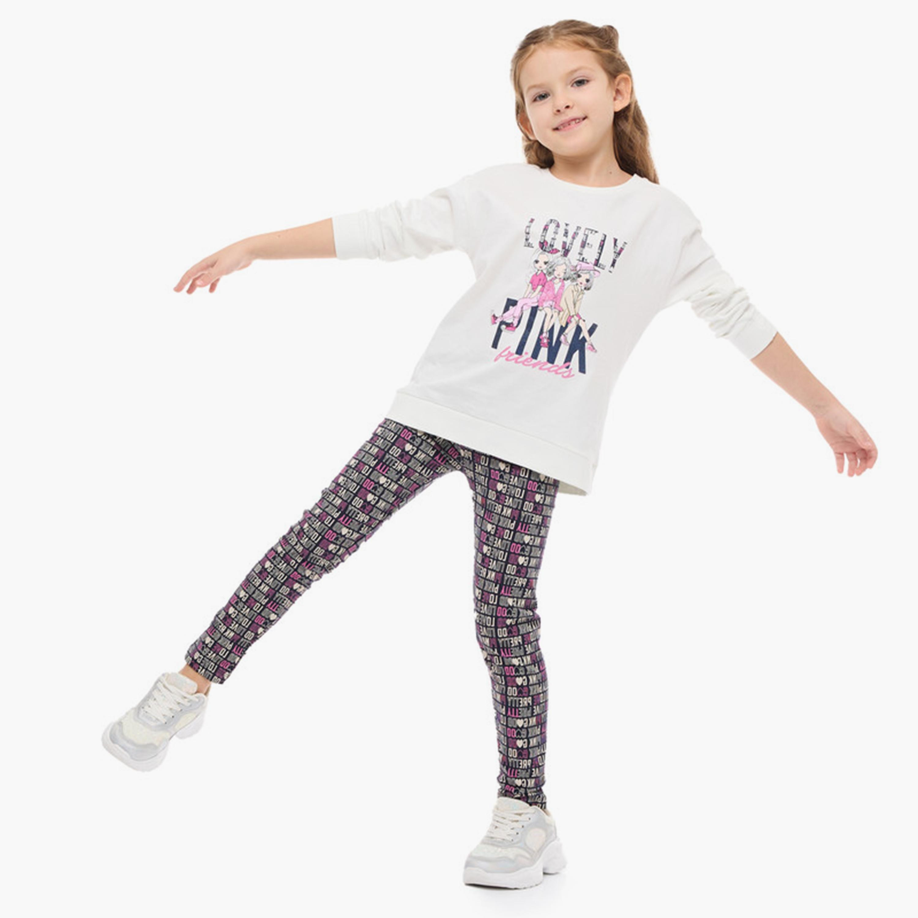 سويت شيرت قطعتين بأكمام طويلة وطبعات مع بنطال ضيق من فيكتور اند جين-girls-clothing-winterwear-setsandcoords-image-1
