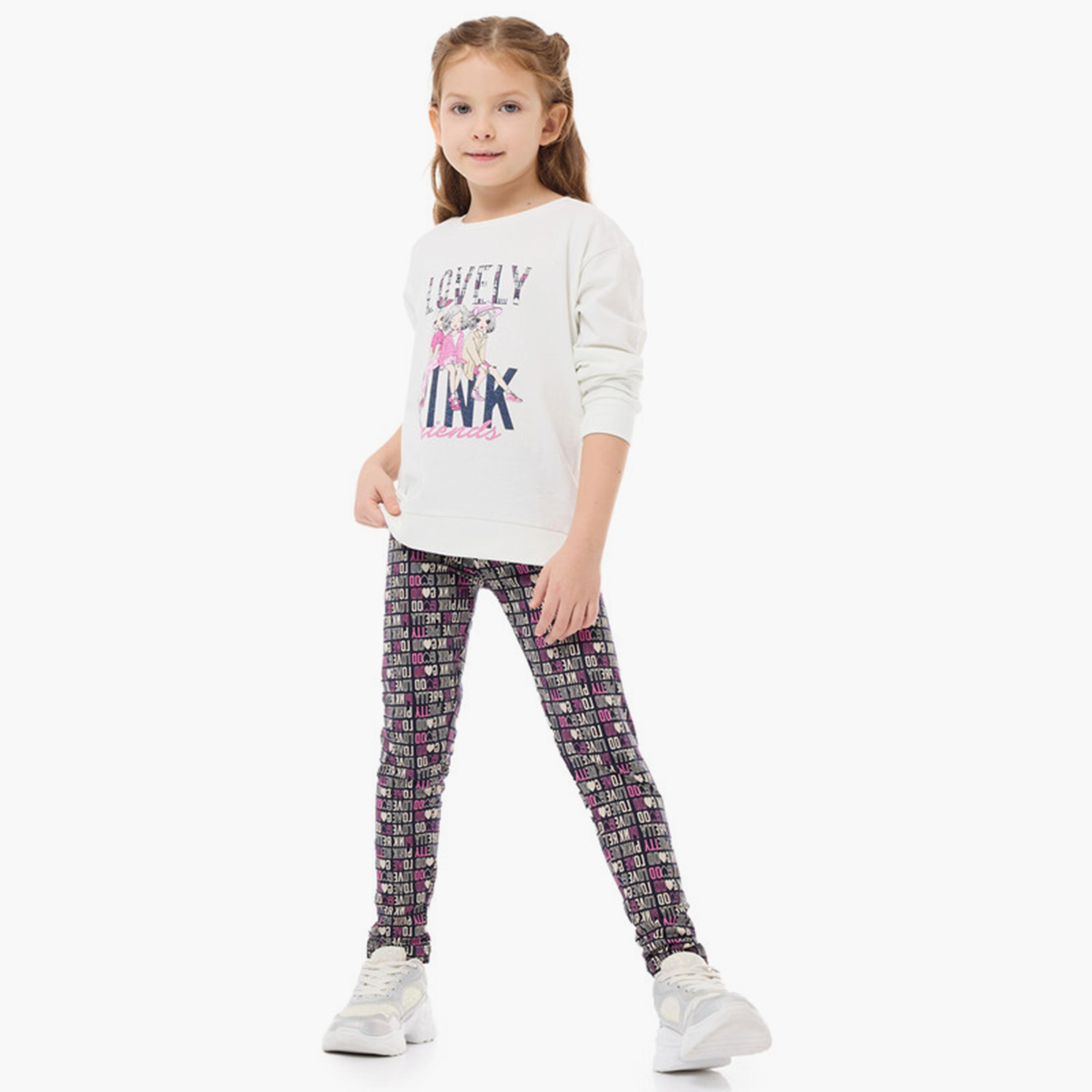 سويت شيرت قطعتين بأكمام طويلة وطبعات مع بنطال ضيق من فيكتور اند جين-girls-clothing-winterwear-setsandcoords-image-2