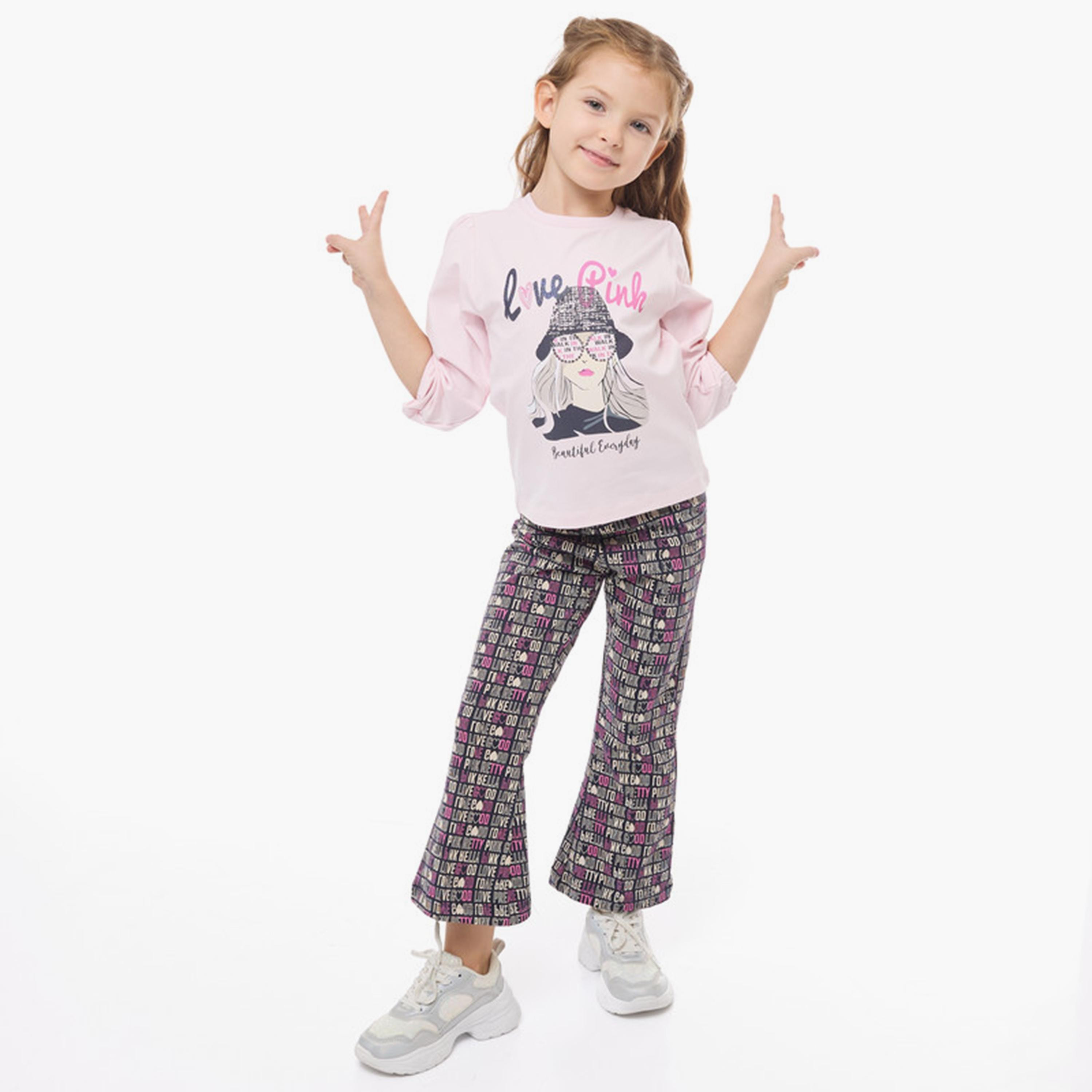 تي شيرت مطبوع بأكمام طويلة قطعتين مع بنطال ضيق من فيكتور اند جين-cpbaby-clothing-girls-clothessets-image-1