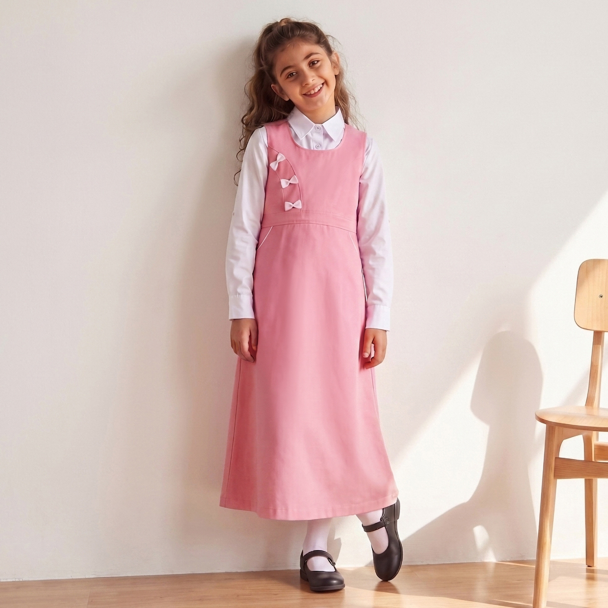 مريلة مدرسية بياقة مستديرة لون زهري للبنات-girls-clothing-schoolwear-dresses-image-1