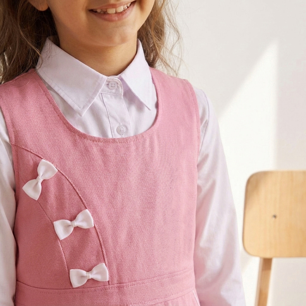 مريلة مدرسية بياقة مستديرة لون زهري للبنات-girls-clothing-schoolwear-dresses-image-4