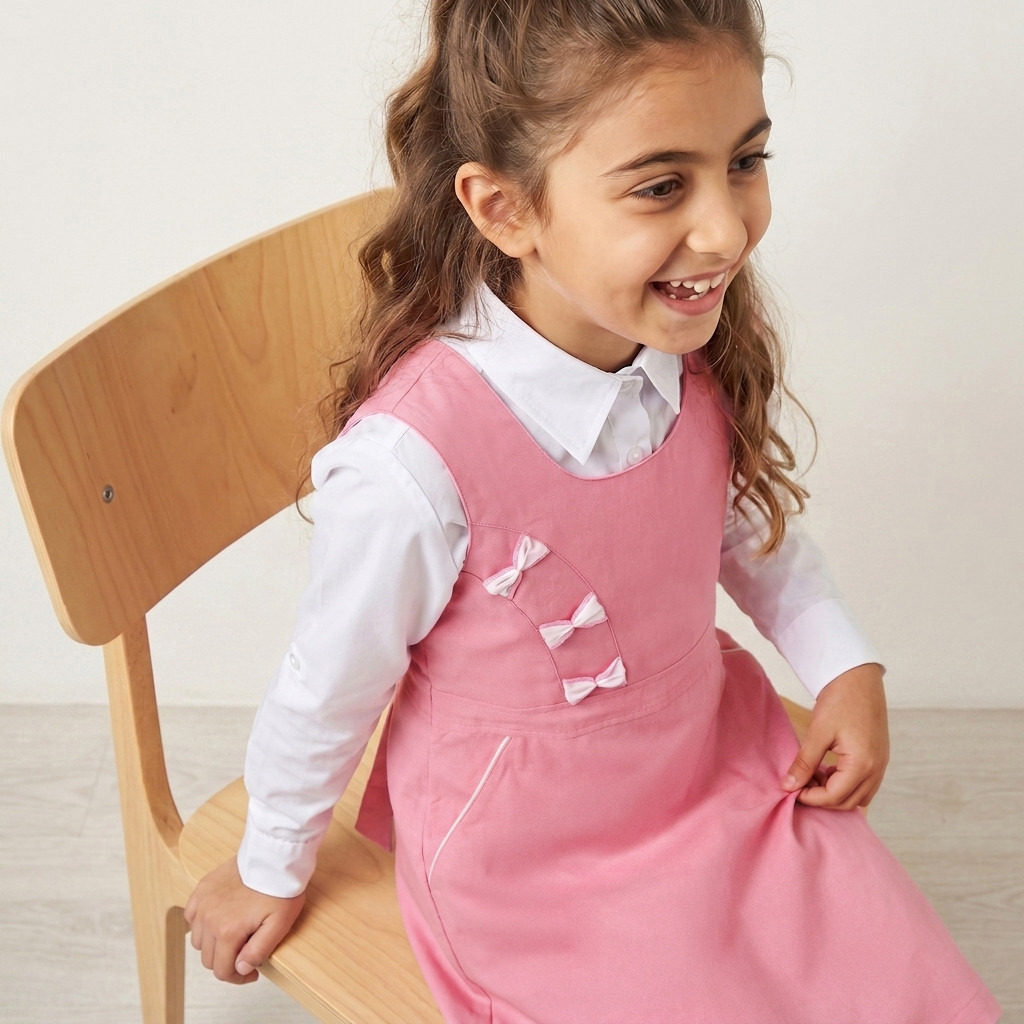 مريلة مدرسية بياقة مستديرة لون زهري للبنات-girls-clothing-schoolwear-dresses-image-5