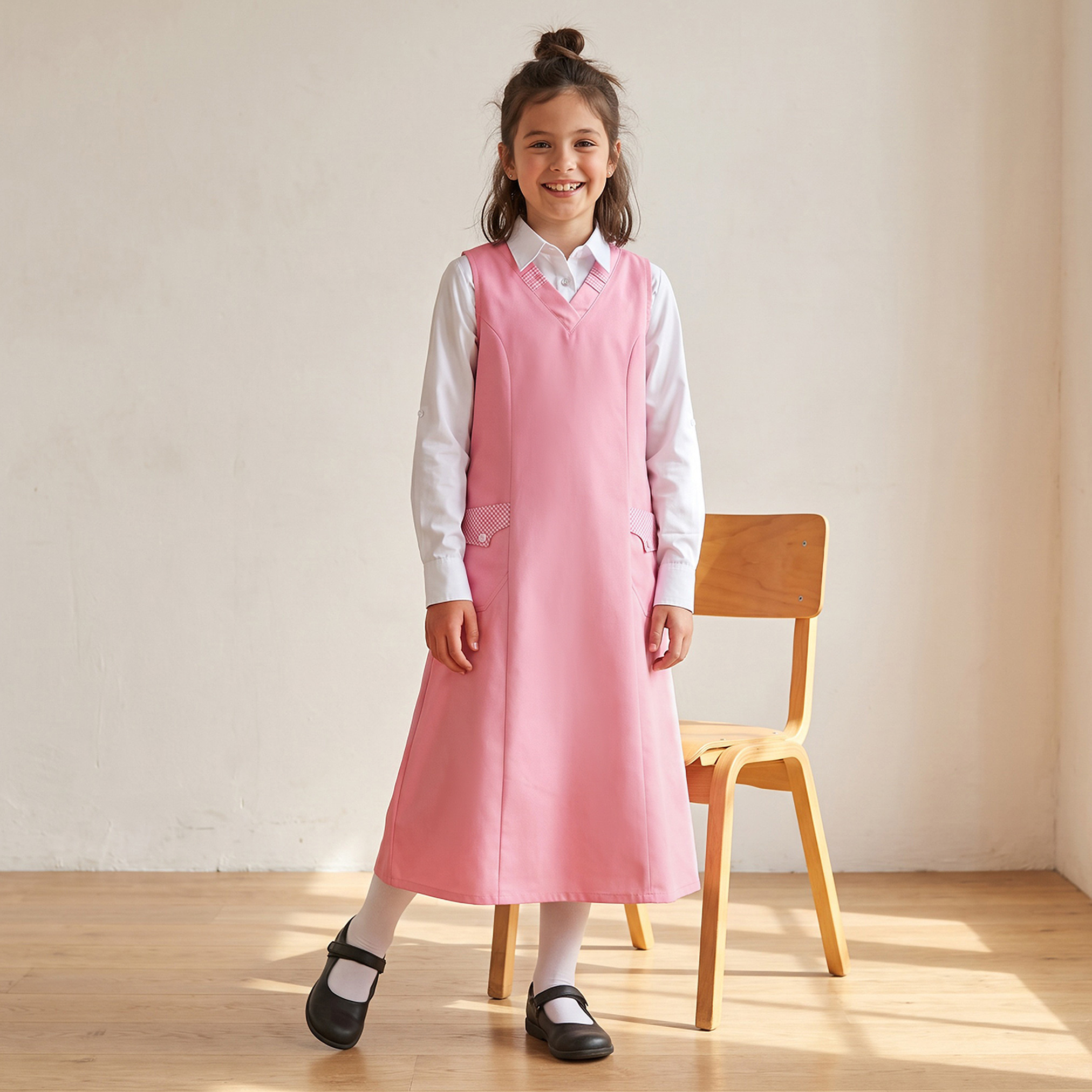 Pink School Pinafore with V-neck - Girls-girls-clothing-schoolwear-dresses-image-1