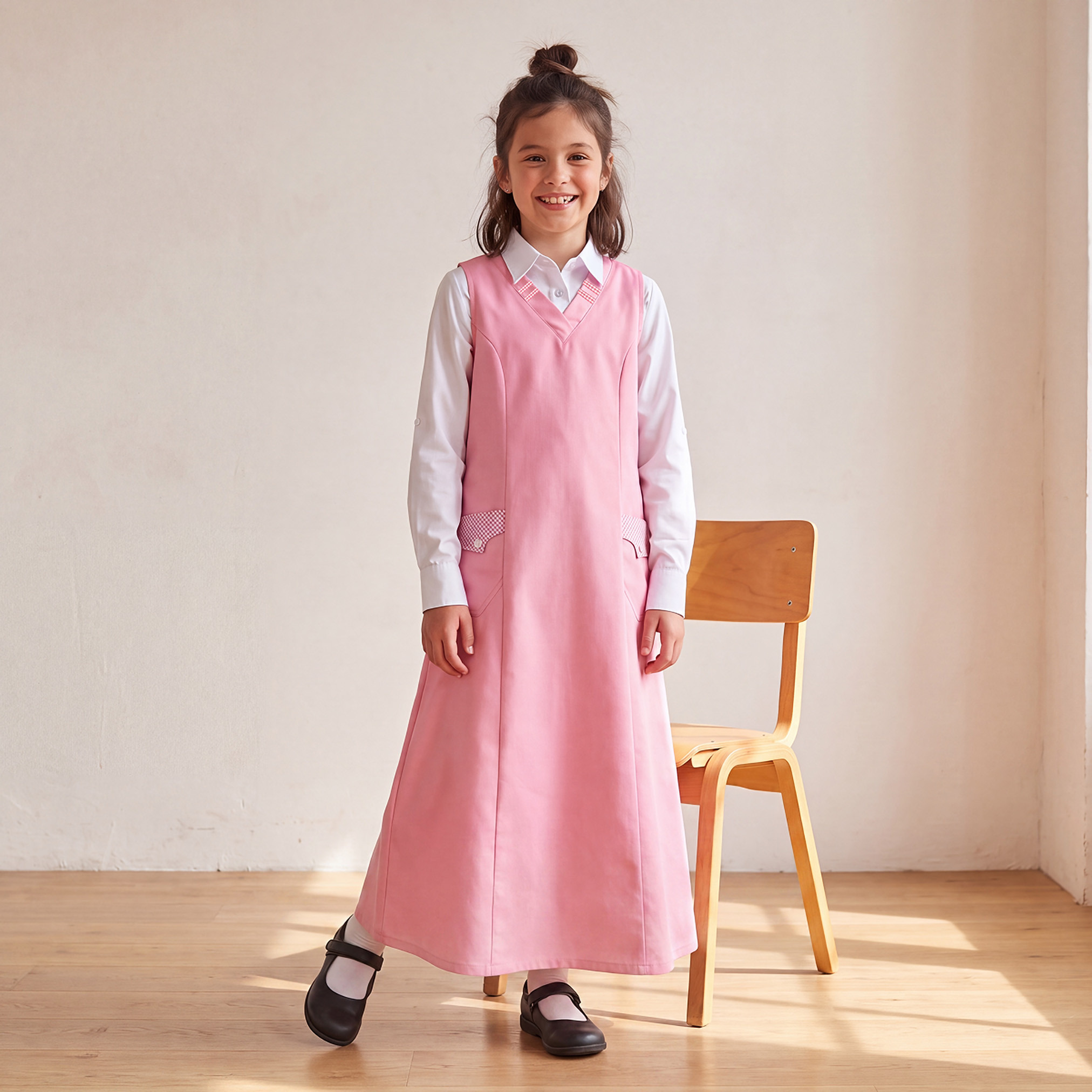 Pink School Pinafore with V-neck - Girls-girls-clothing-schoolwear-dresses-image-1