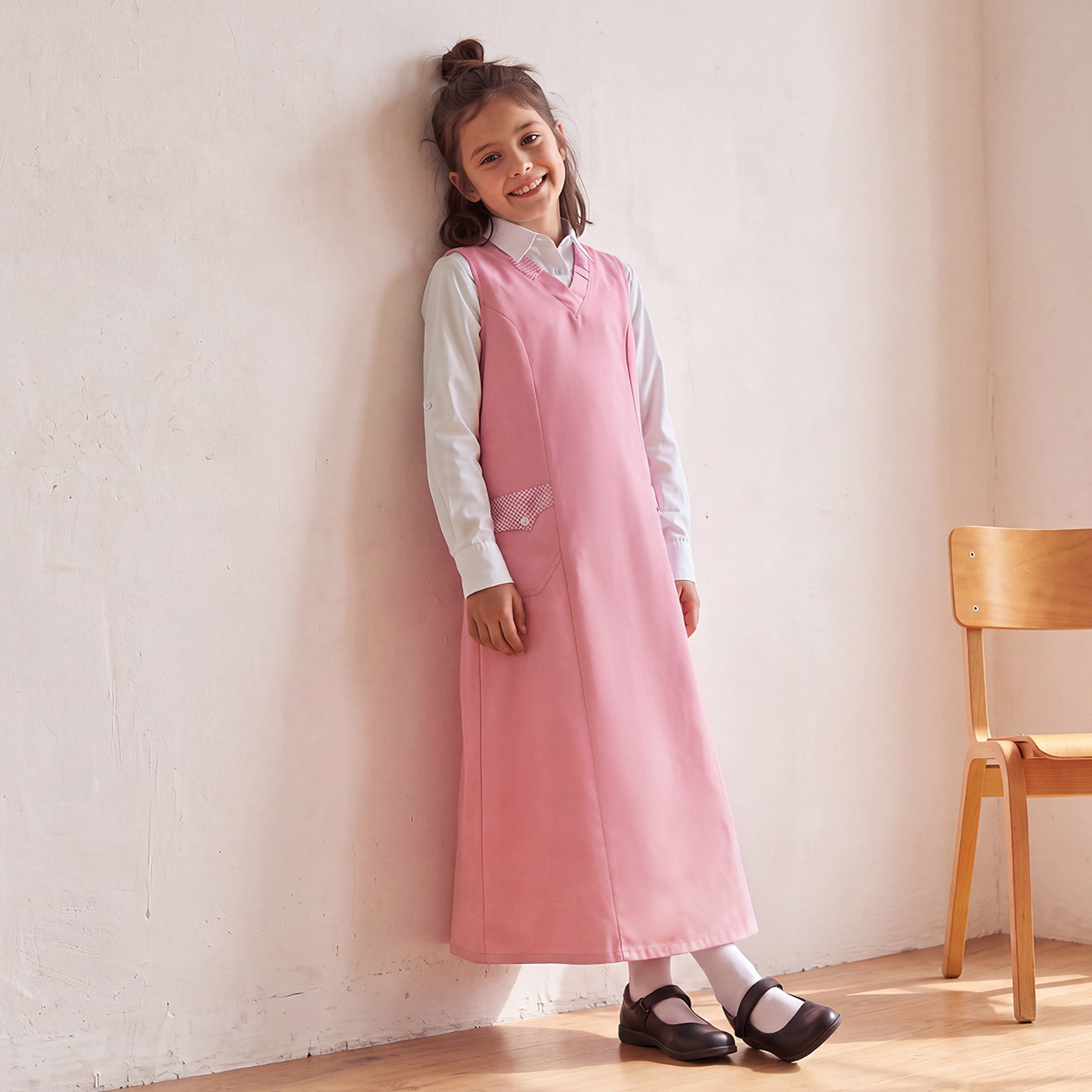 Pink School Pinafore with V-neck - Girls-girls-clothing-schoolwear-dresses-image-3