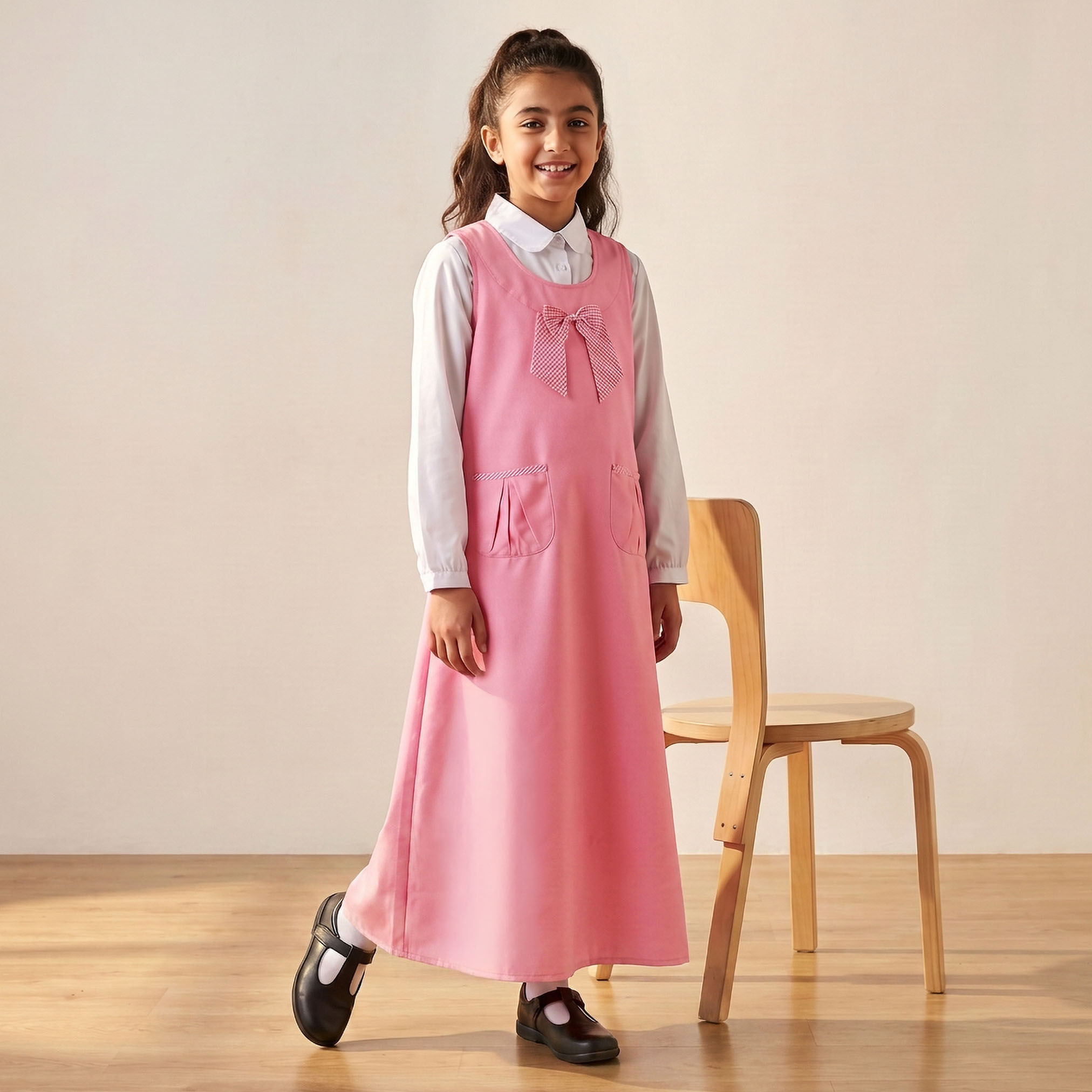 Pink School Pinafore with Round Neck - Girls-girls-clothing-schoolwear-dresses-image-1