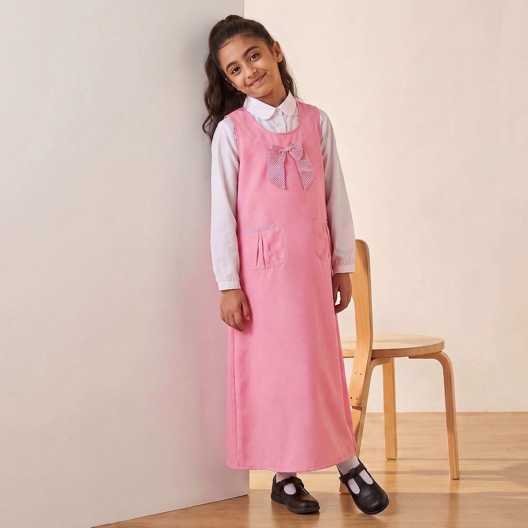 Pink School Pinafore with Round Neck - Girls-girls-clothing-schoolwear-dresses-image-3