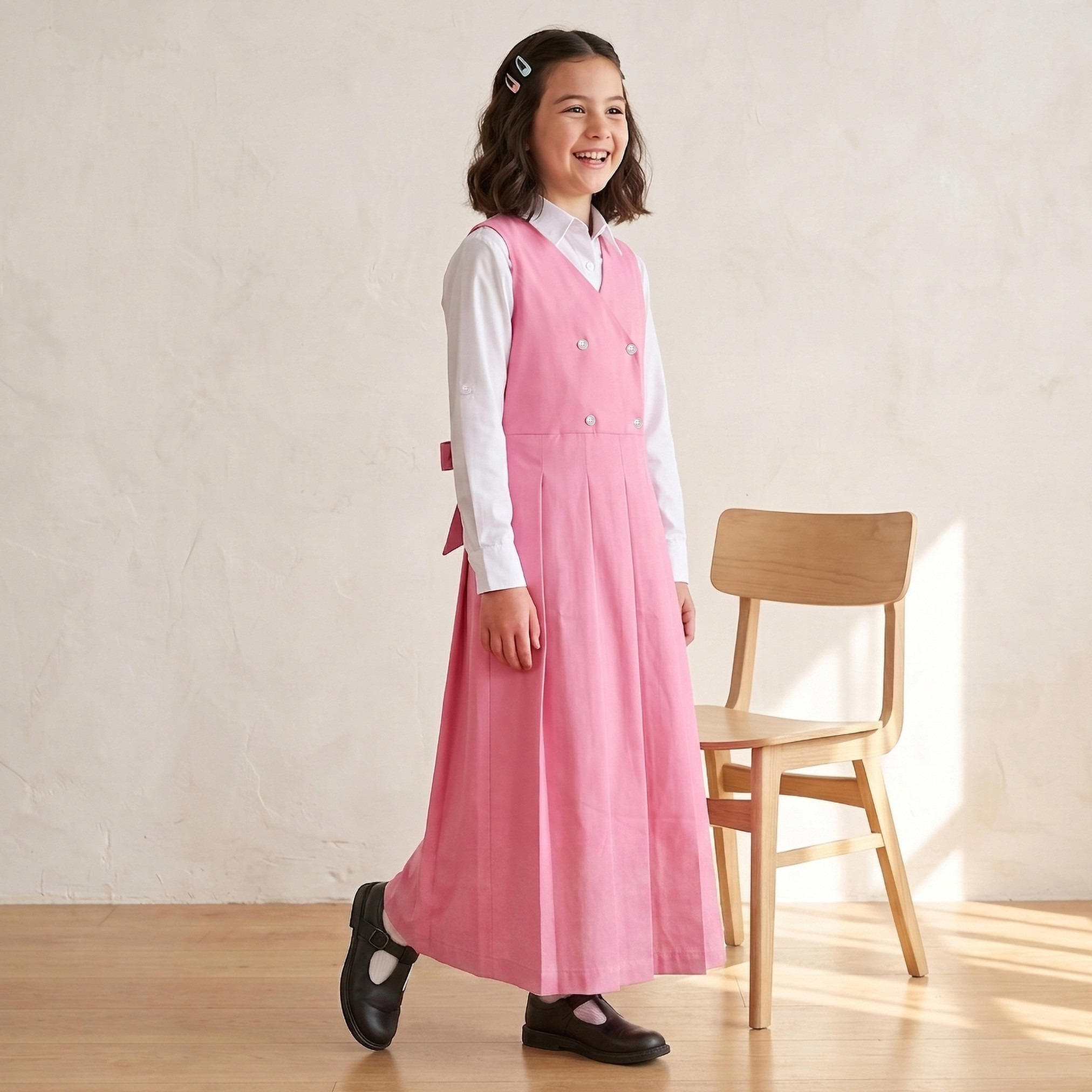 مريلة مدرسية بياقة V لون زهري للبنات-girls-clothing-schoolwear-dresses-image-1