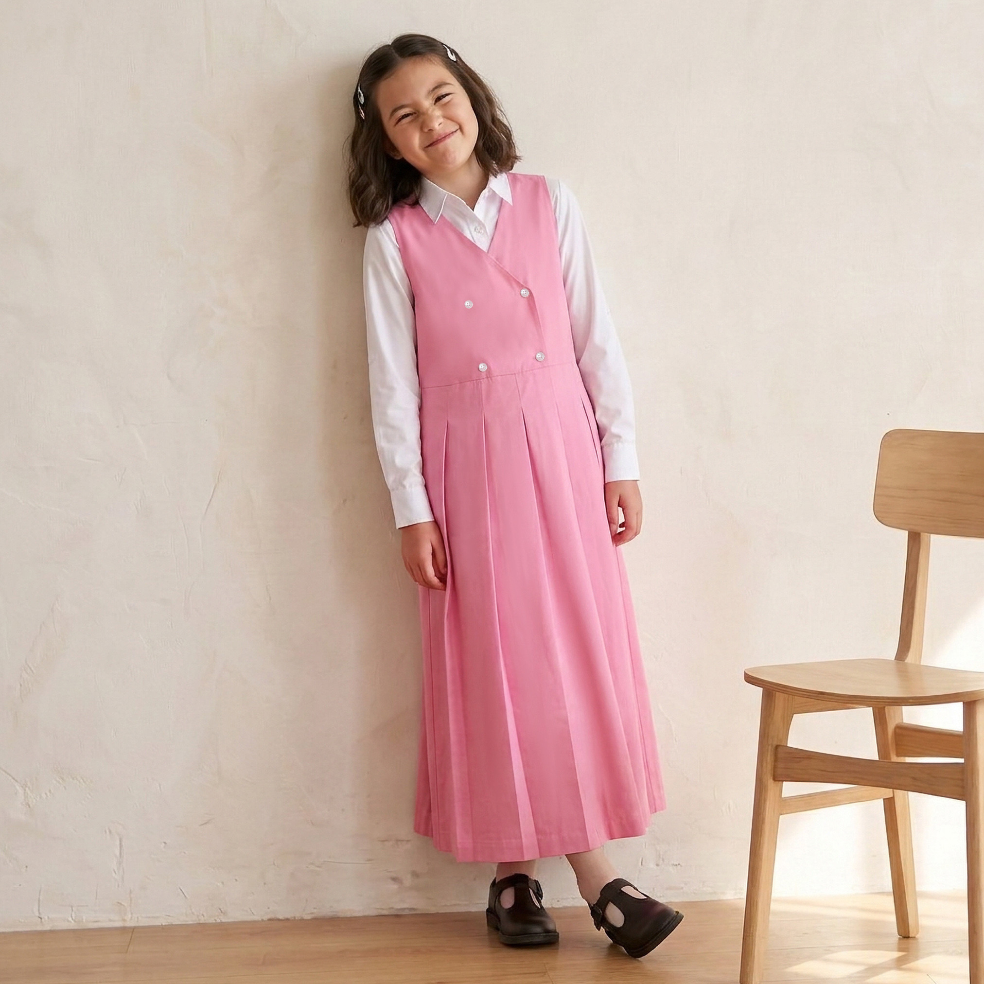 Pink School Pinafore with V-neck - Girls-girls-clothing-schoolwear-dresses-image-3