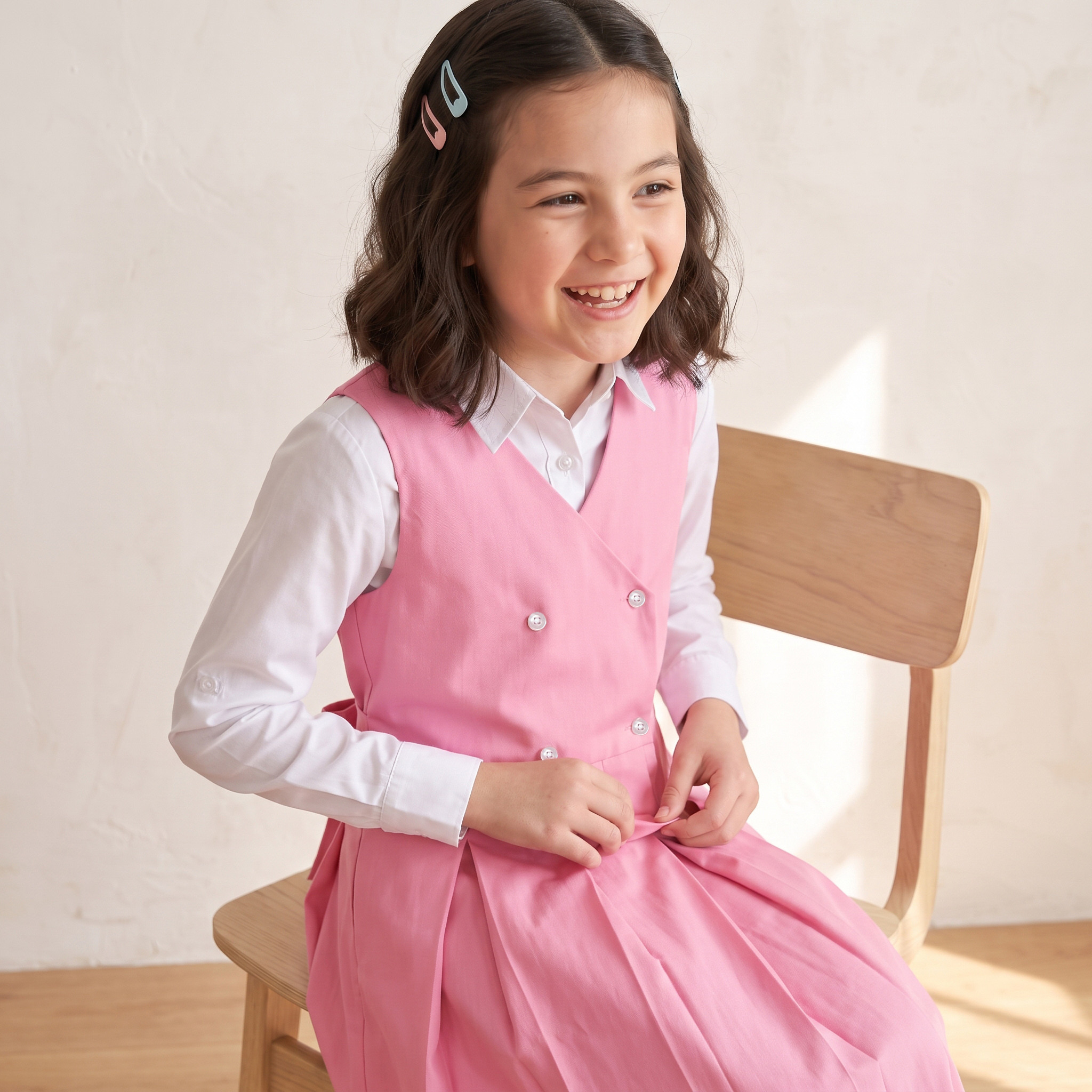 مريلة مدرسية بياقة V لون زهري للبنات-girls-clothing-schoolwear-dresses-image-5