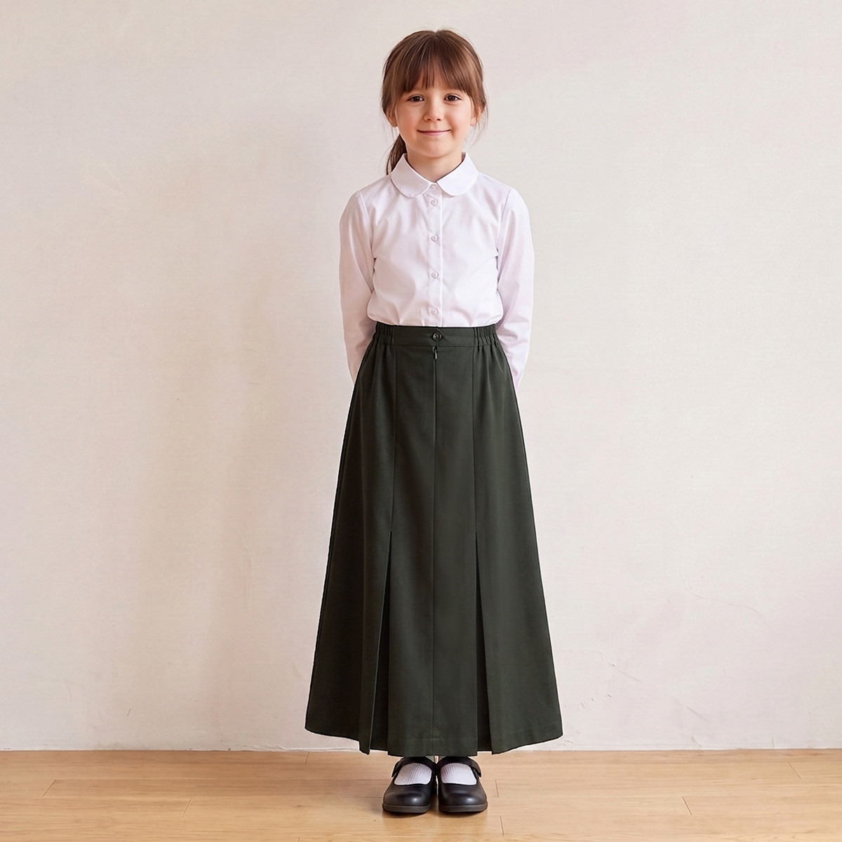 تنورة مدرسية خضراء بطول الركبة مع ثنيات مقلوبة للبنات-girls-clothing-schoolwear-bottoms-skirt-image-5