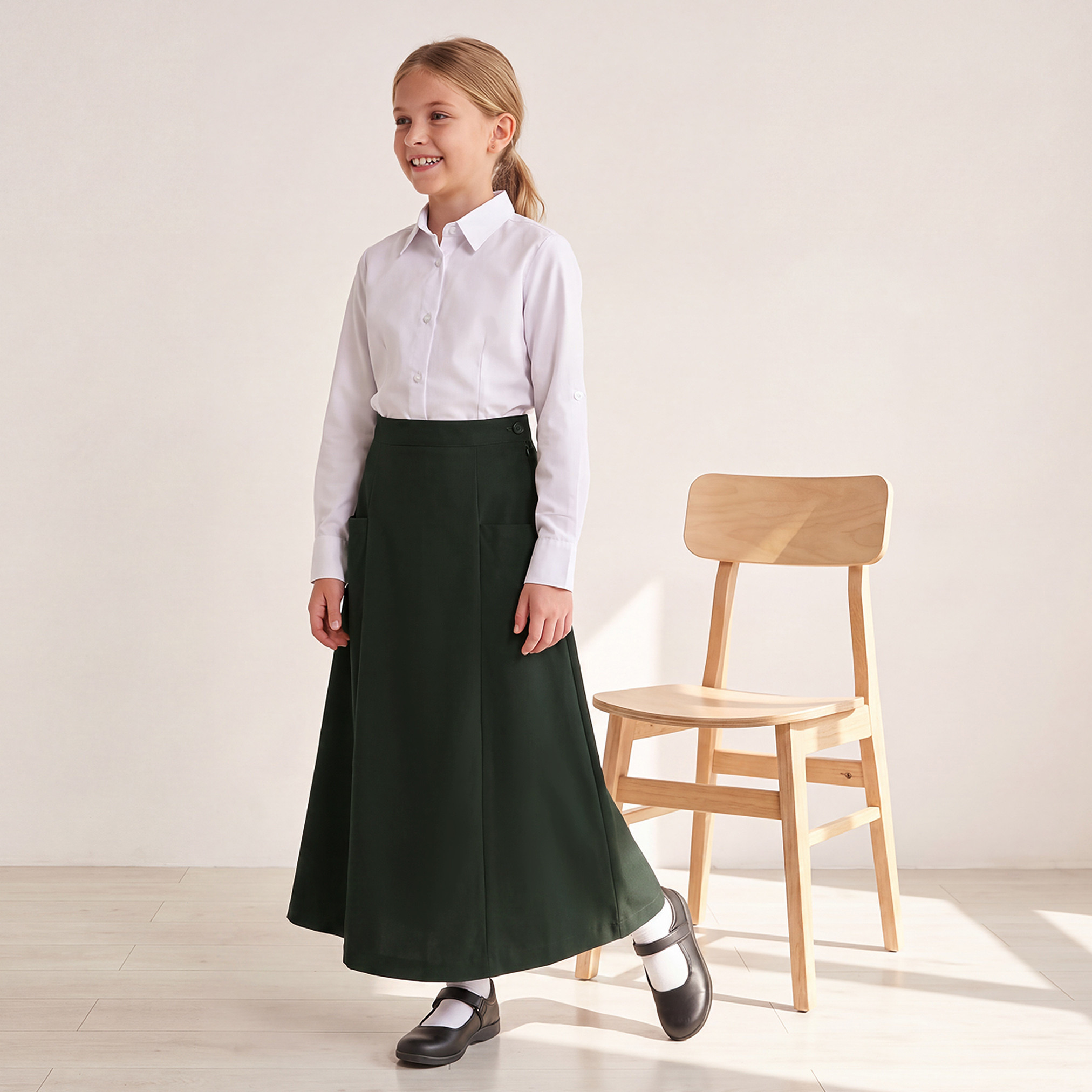Green Midi School Skirt with Pleats - Girls-girls-clothing-schoolwear-bottoms-skirt-image-2