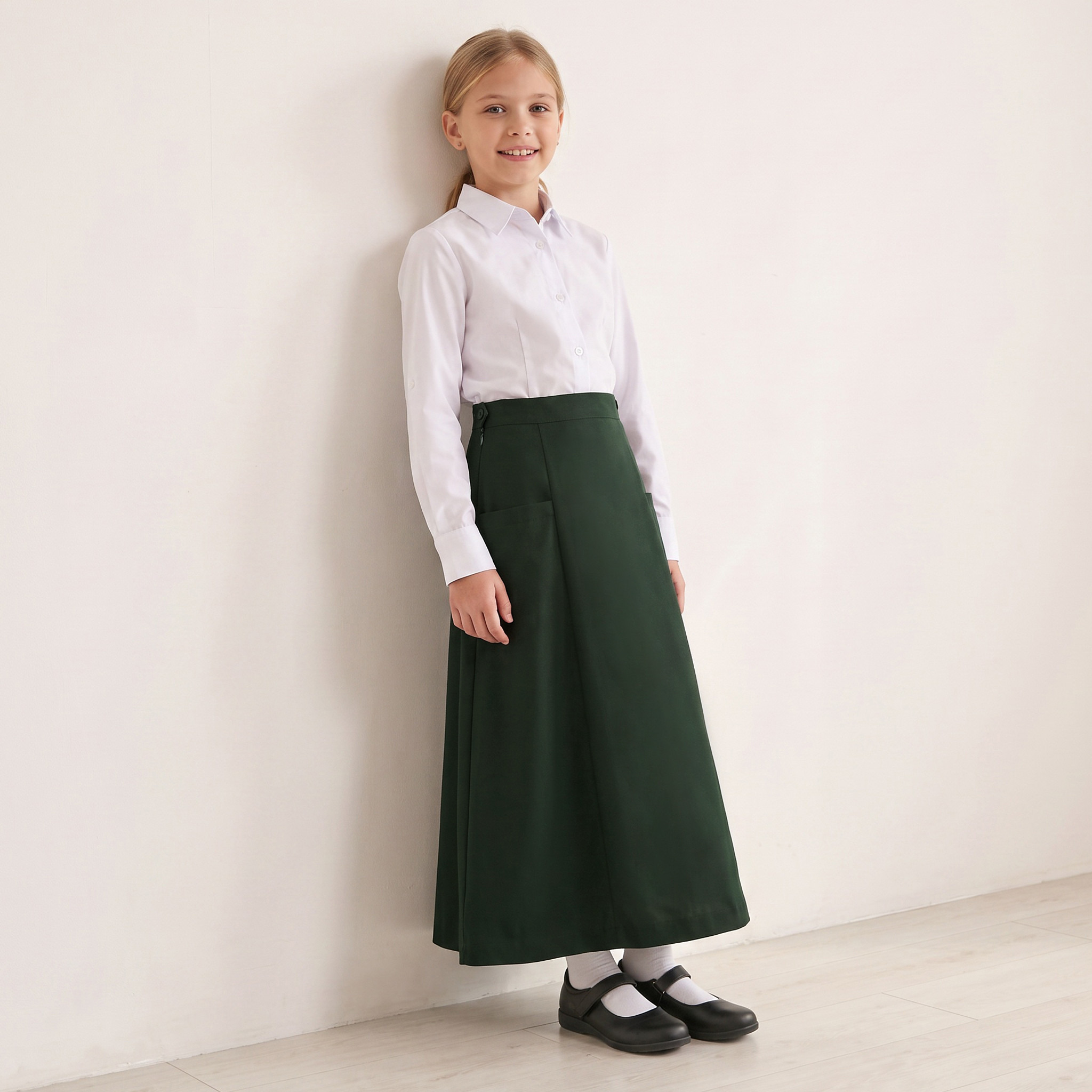 Green Midi School Skirt with Pleats - Girls-girls-clothing-schoolwear-bottoms-skirt-image-5