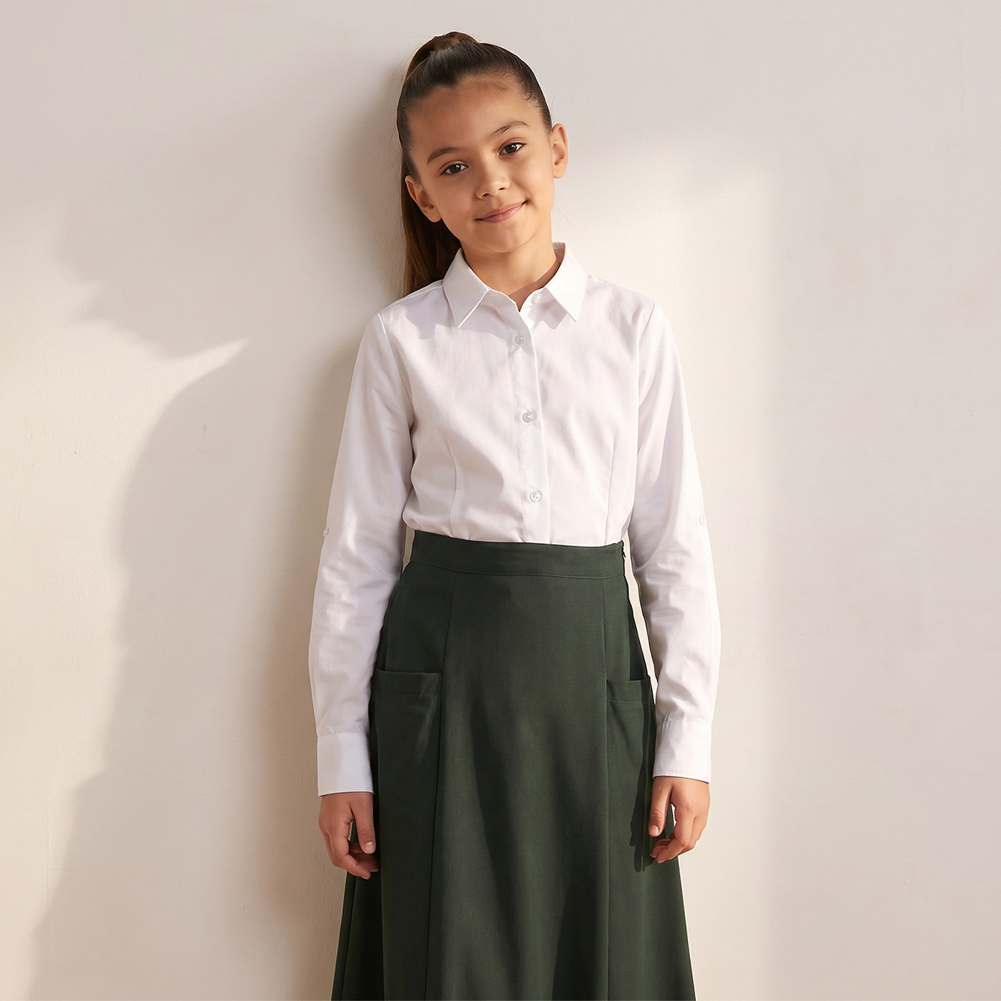 Green Midi School Skirt with Pleats - Girls-girls-clothing-schoolwear-bottoms-skirt-image-6