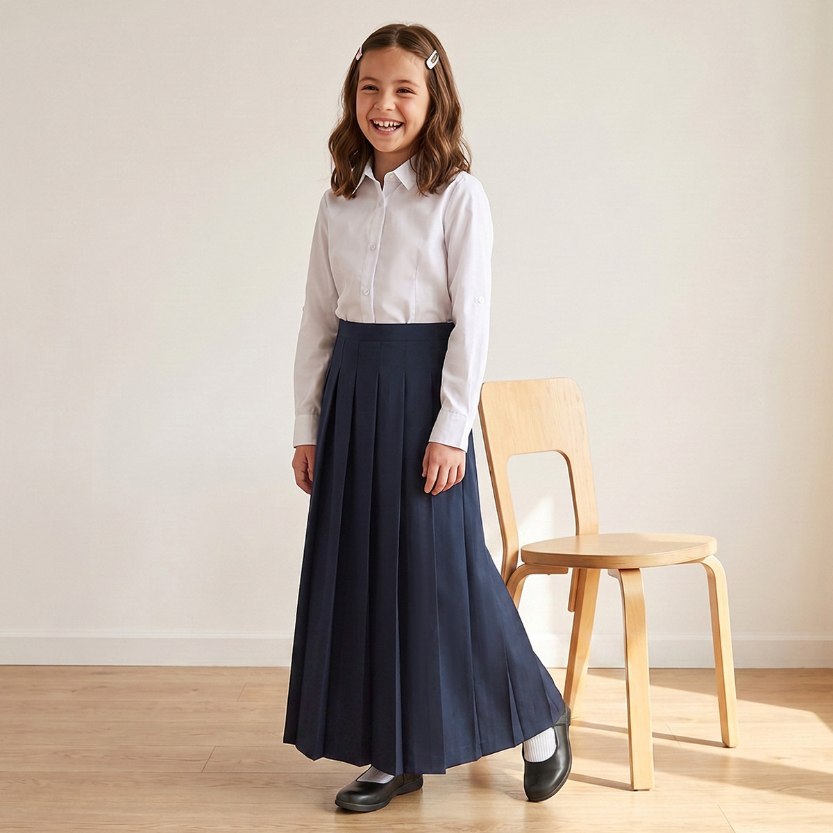 تنورة مدرسية ماكسي لون أزرق بكسرات للبنات-girls-clothing-schoolwear-bottoms-skirt-image-2