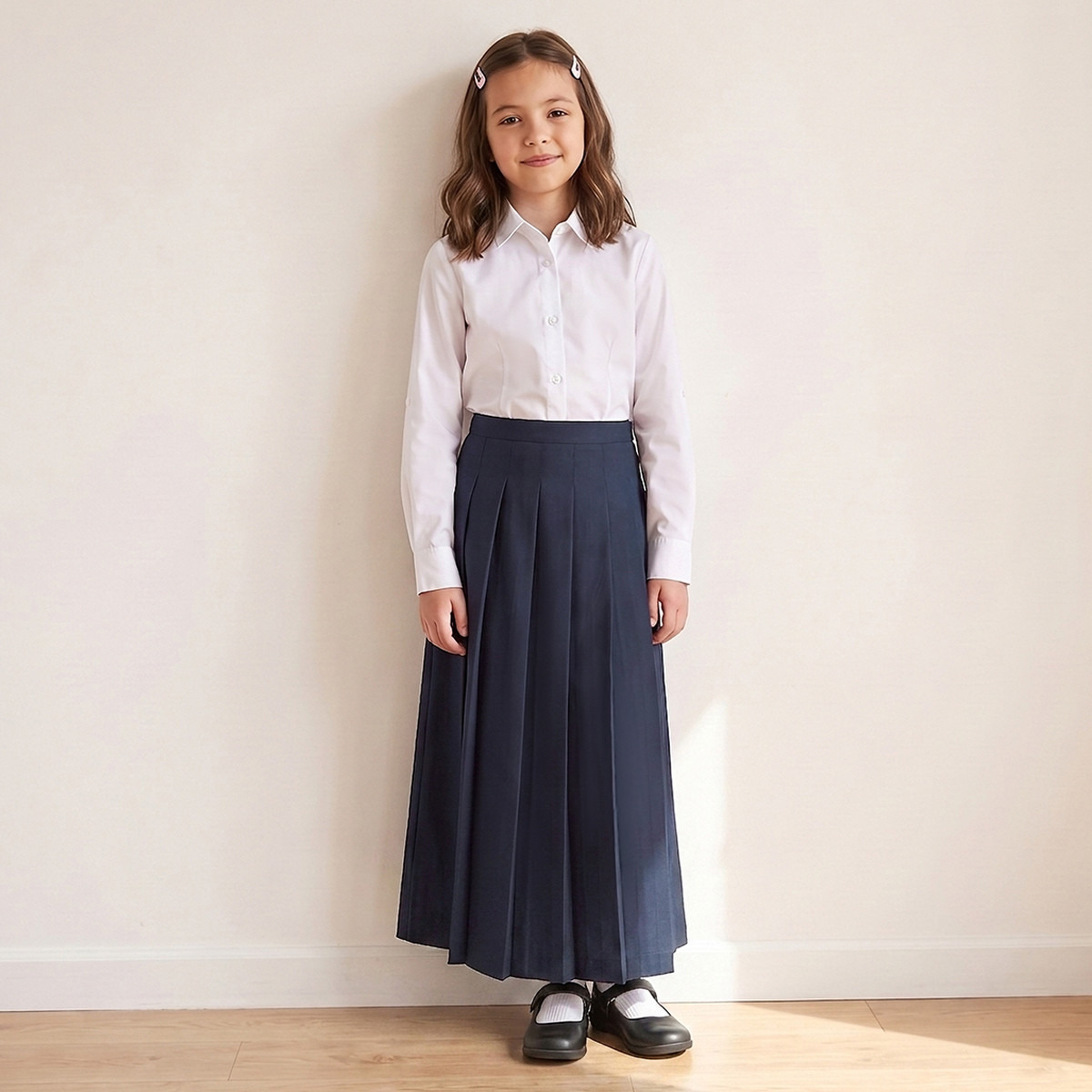 تنورة مدرسية ماكسي لون أزرق بكسرات للبنات-girls-clothing-schoolwear-bottoms-skirt-image-5