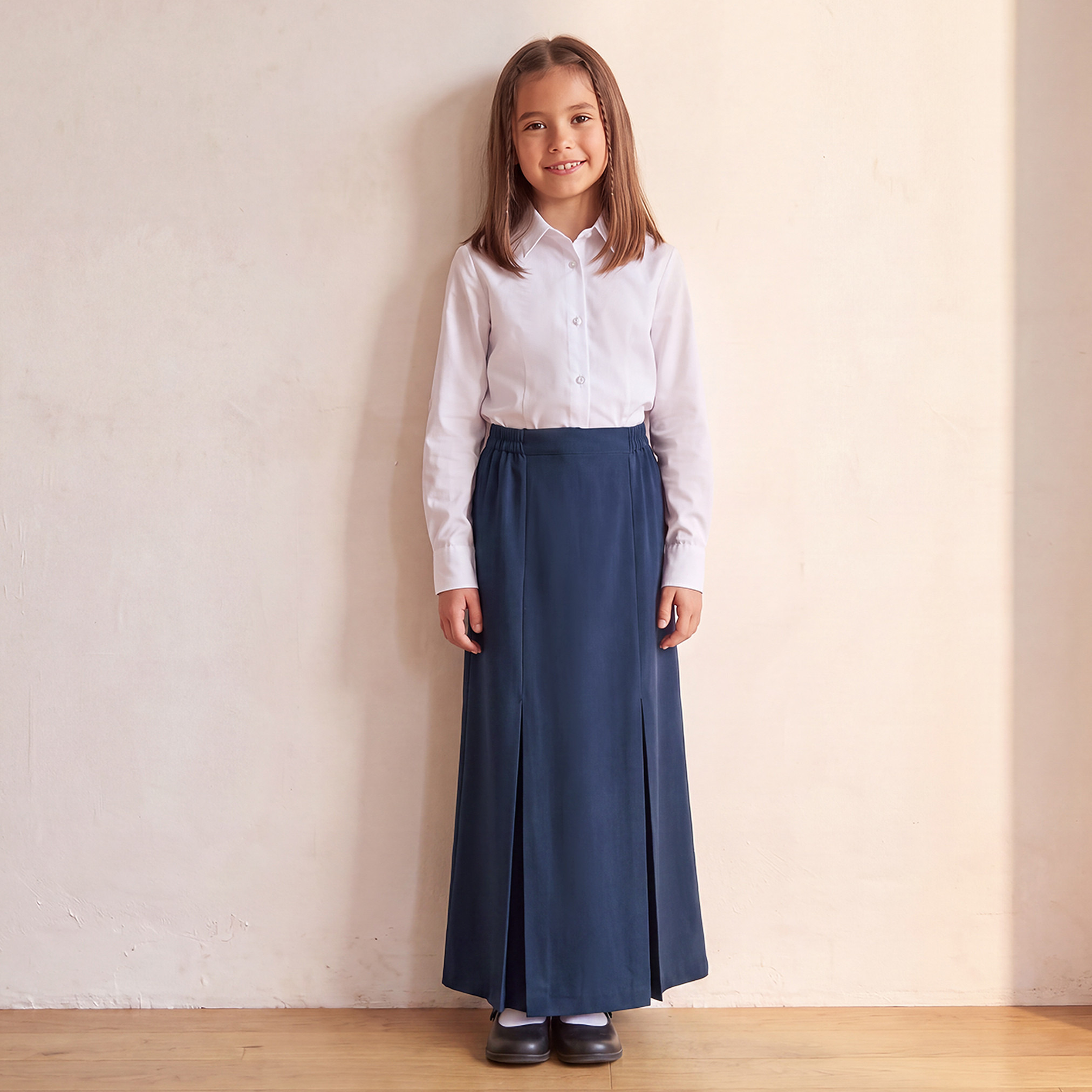 Blue Midi School Skirt with Pleats - Girls-girls-clothing-schoolwear-bottoms-skirt-image-2