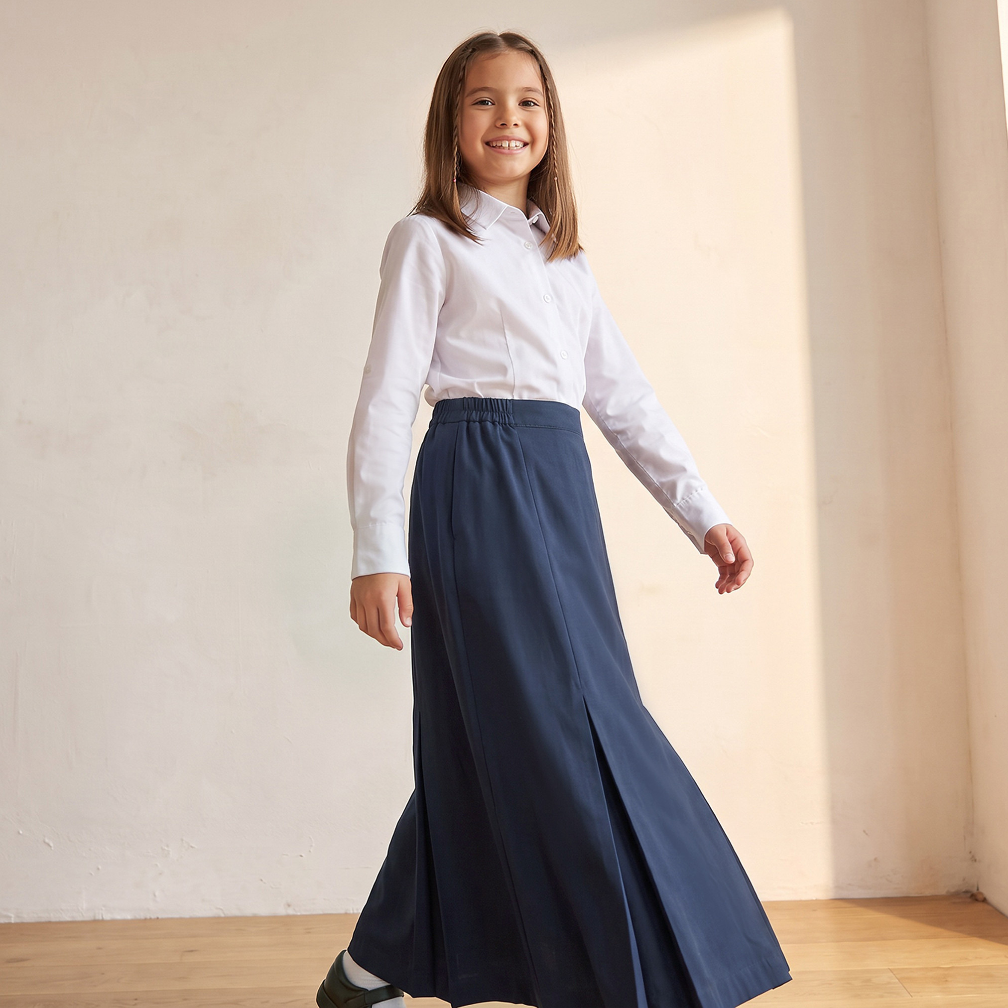 Blue Midi School Skirt with Pleats - Girls-girls-clothing-schoolwear-bottoms-skirt-image-5