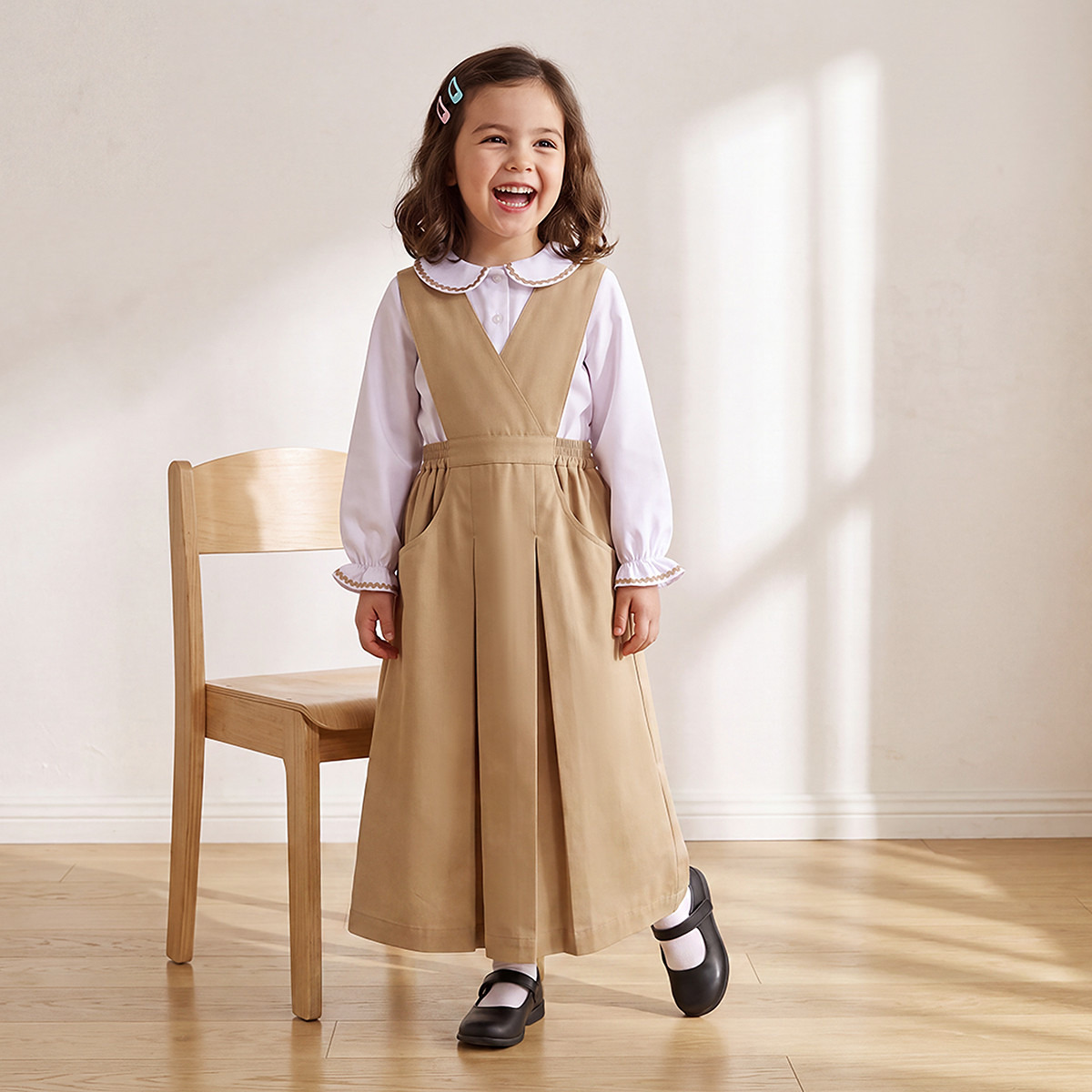 Brown School Pinafore with V-neck - Girls-girls-clothing-schoolwear-dresses-image-1