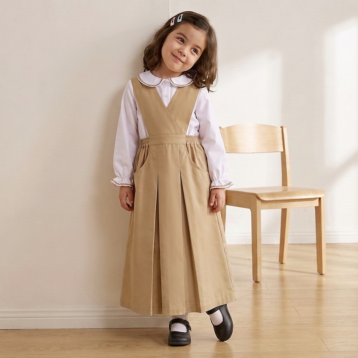 Brown School Pinafore with V-neck - Girls-girls-clothing-schoolwear-dresses-image-3