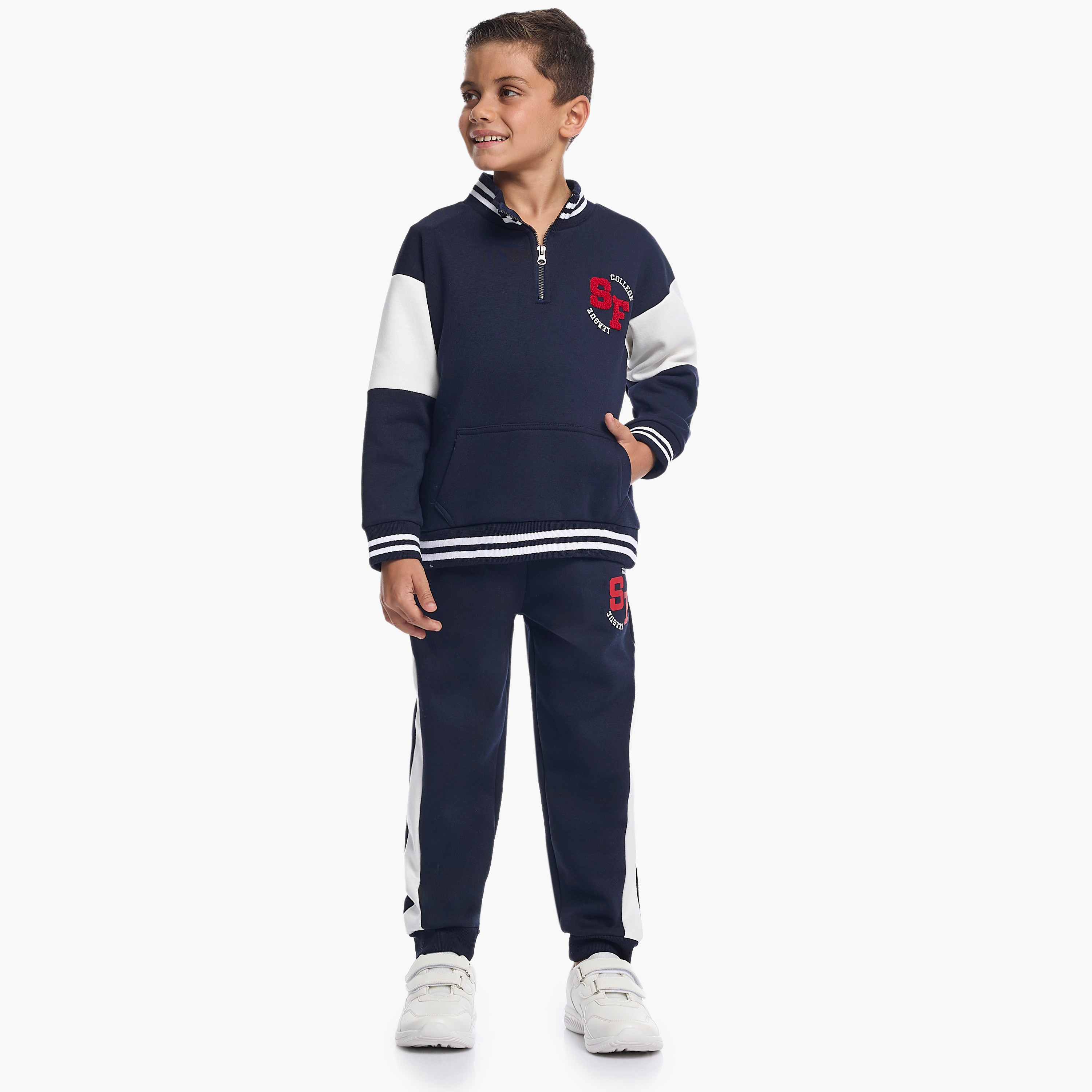 Victor and Jane 2-Piece Varsity Zip-Neck Printed Sweatshirt & Jogger Sets-baby-boys-clothing-winterwear-setsandcoords-image-1