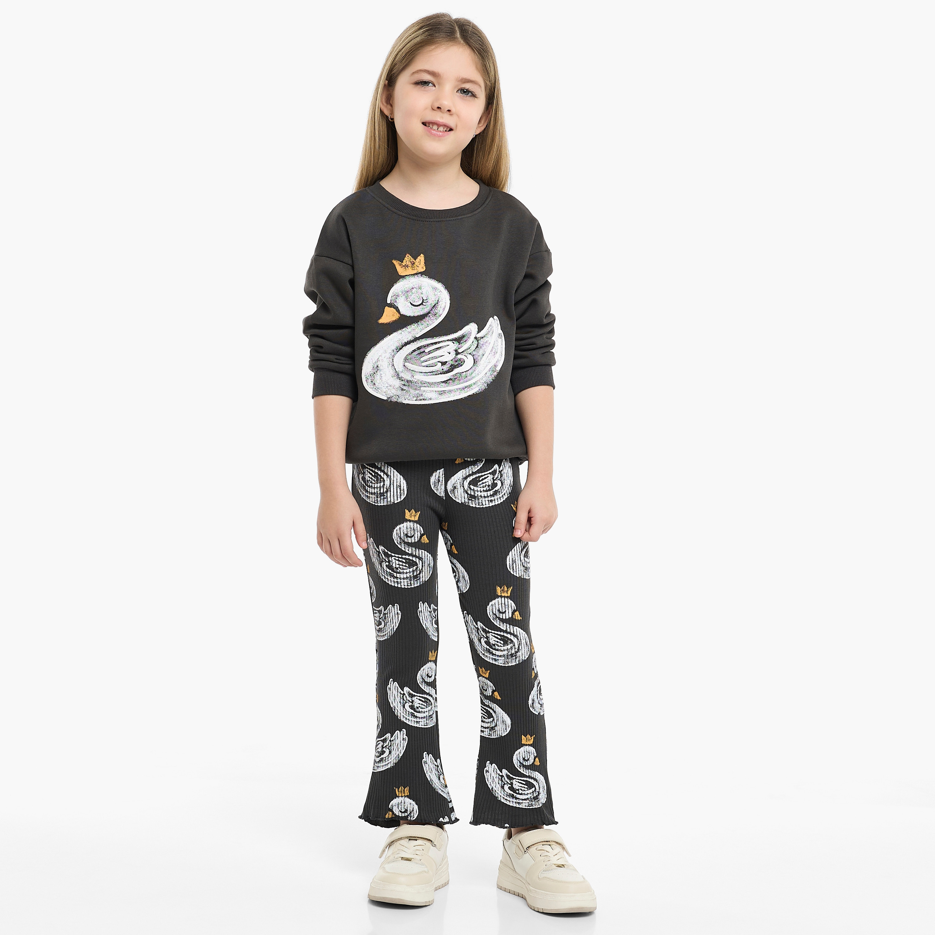 Victor and Jane 2-Piece Crowned Swan Printed Sweatshirt & Legging Sets-girls-clothing-winterwear-setsandcoords-image-1