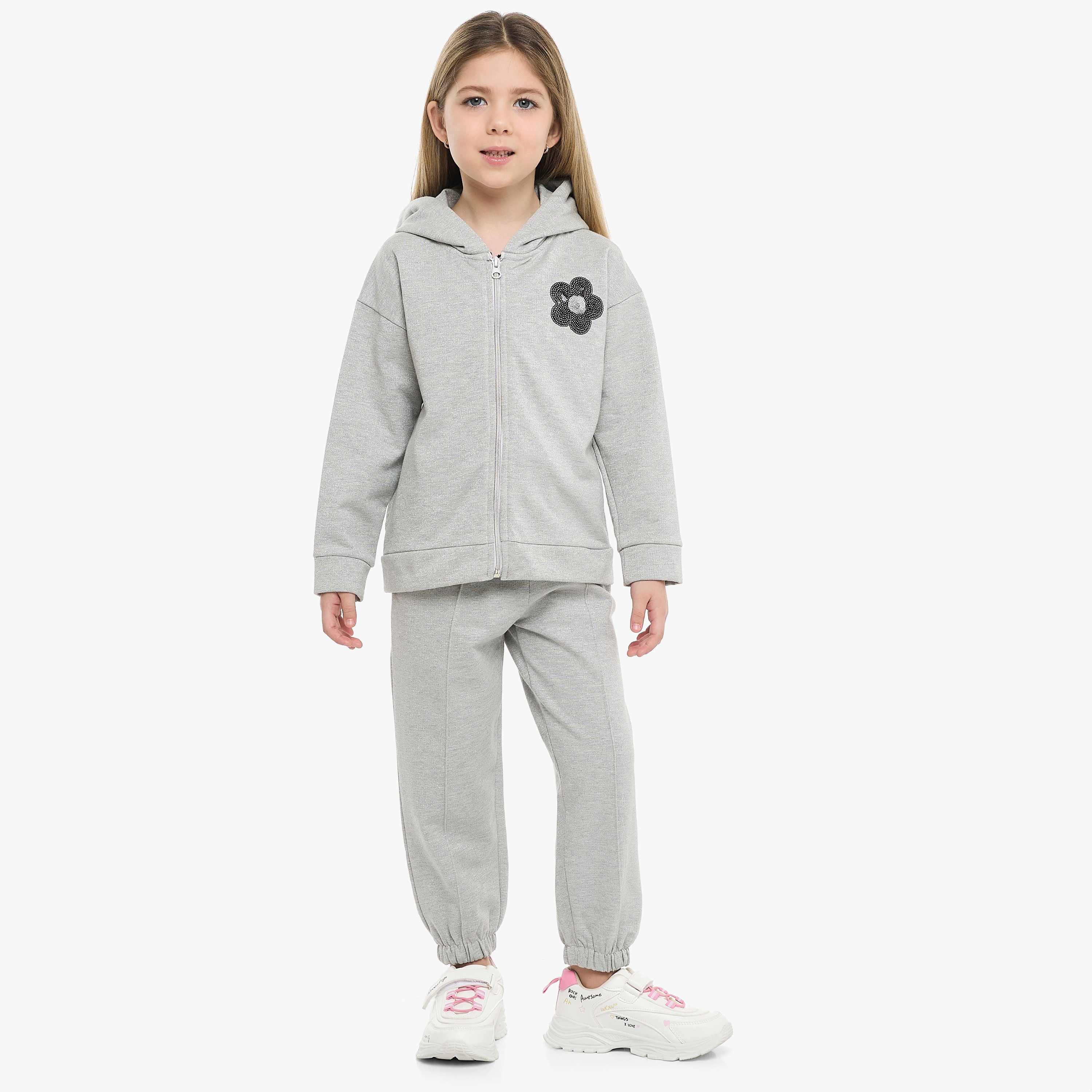 طقم من قطعتين هودي وبنطلون رياضي بطبعة ترتر عاكس تريس شيك من فيكتور اند جين-baby-girls-clothing-setsandcoords-image-1