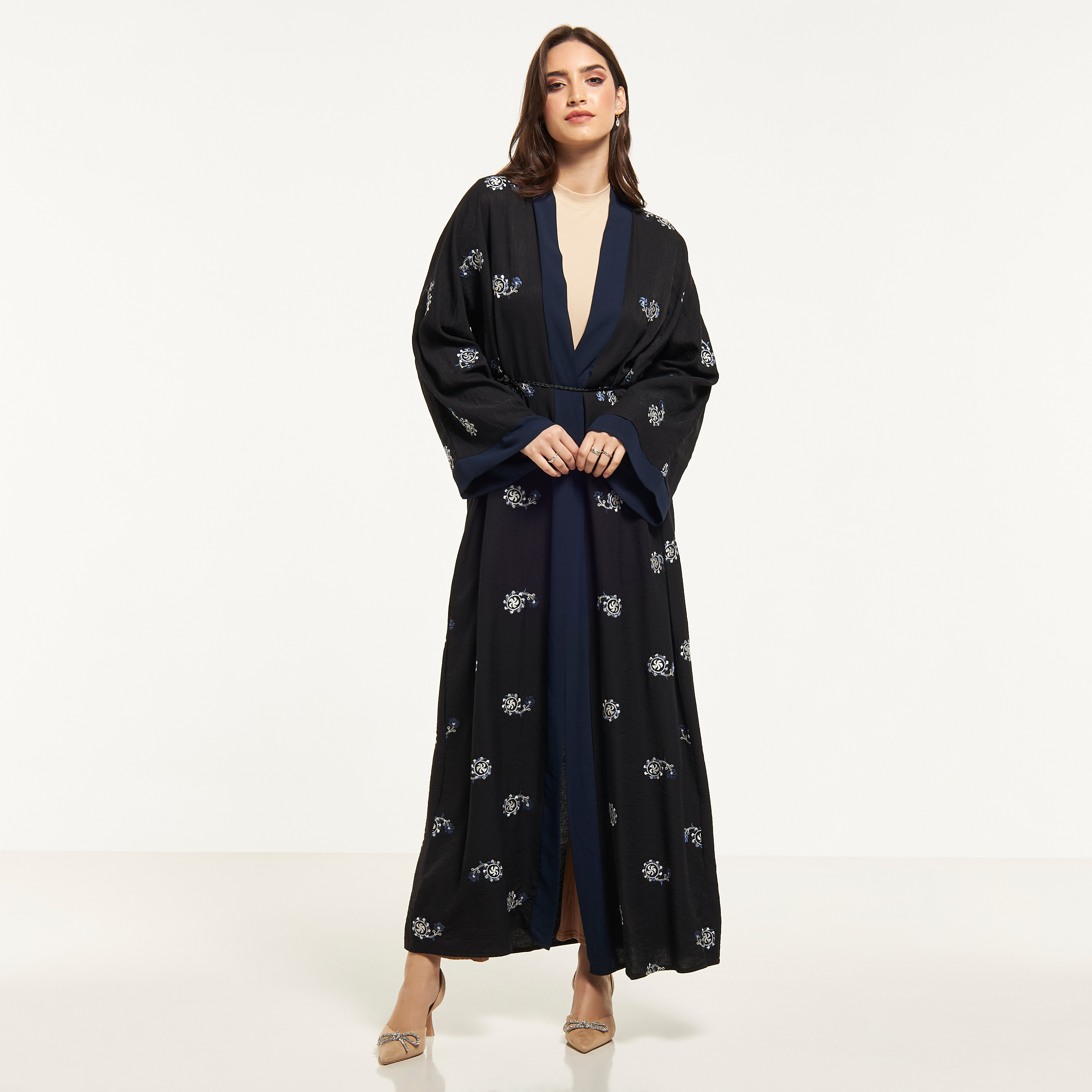 Malikah Embroidered Abaya with Hijab and Tie-Up Belt-women-arabicclothing-abayas-image-1