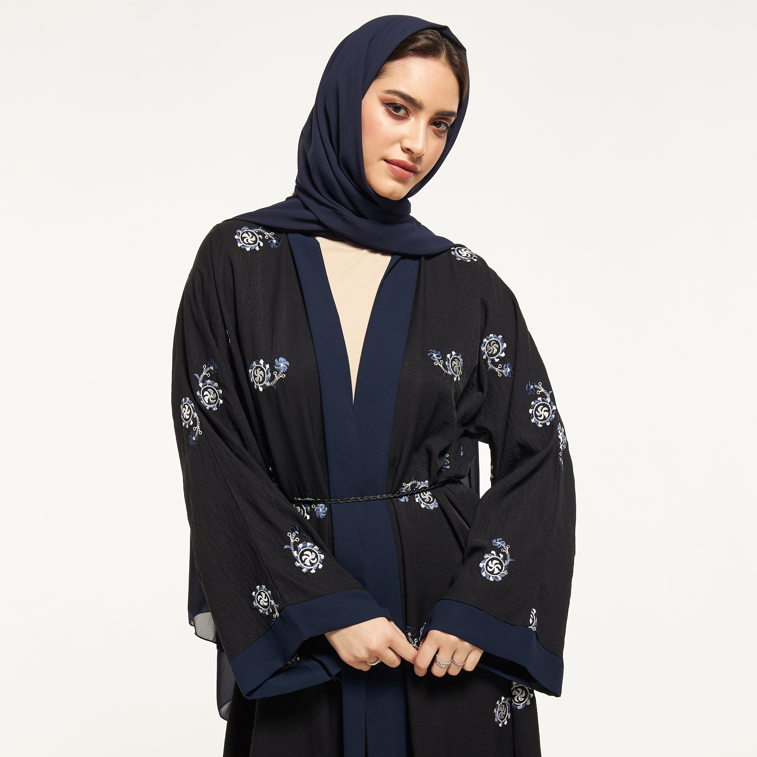 Malikah Embroidered Abaya with Hijab and Tie-Up Belt-women-arabicclothing-abayas-image-2