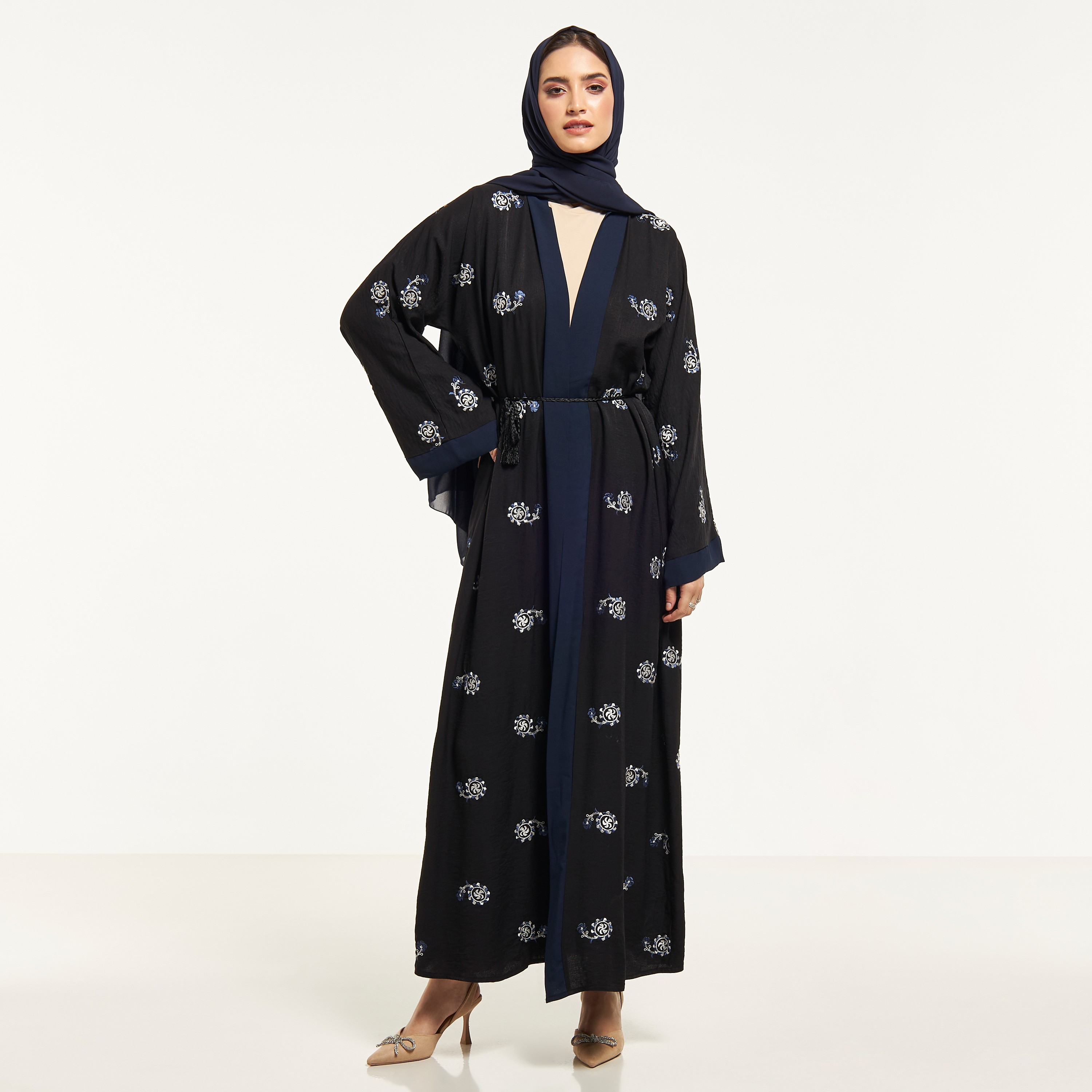 Malikah Embroidered Abaya with Hijab and Tie-Up Belt-women-arabicclothing-abayas-image-4