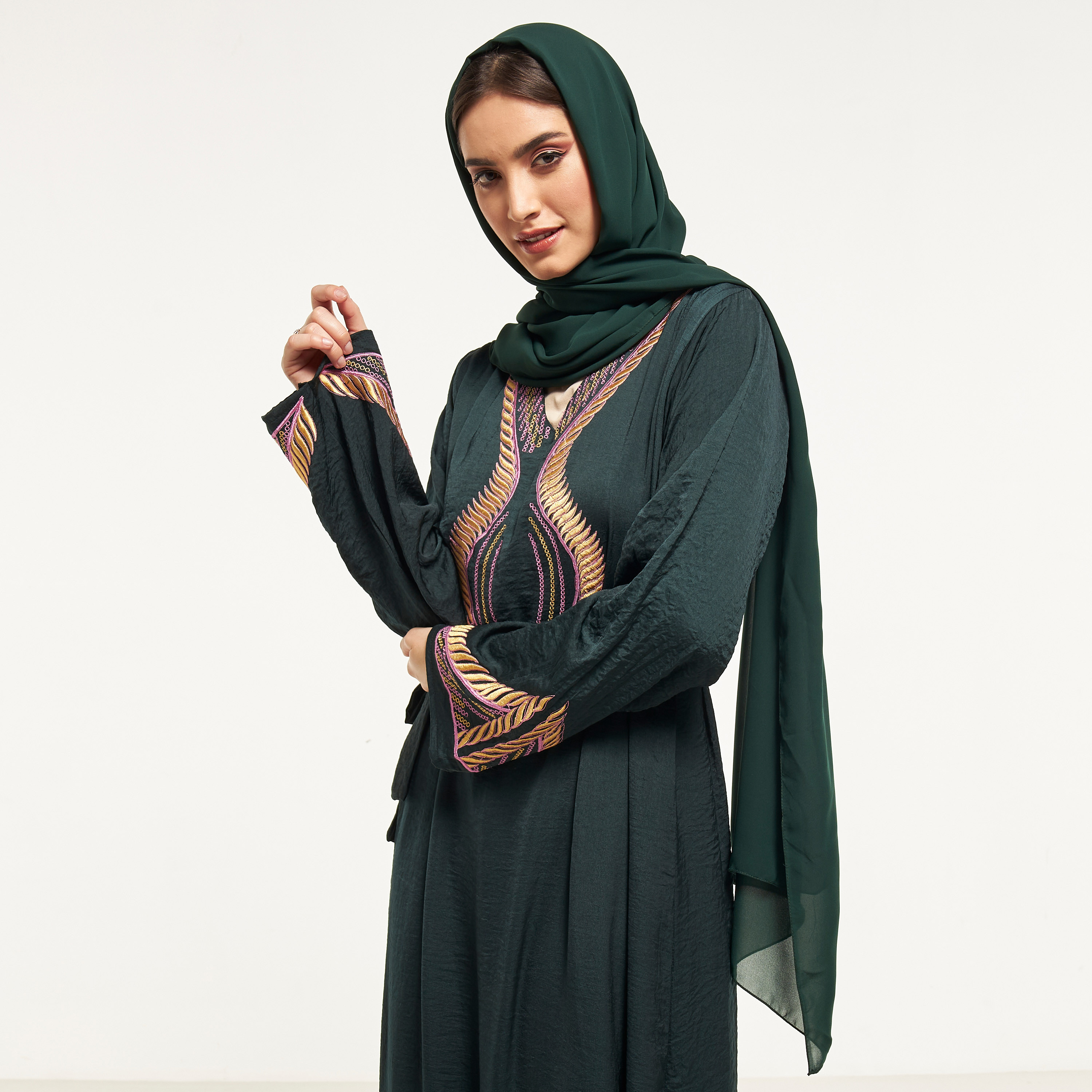 Malikah Embroidered Abaya with Tie-Up Belt-women-arabicclothing-abayas-image-2