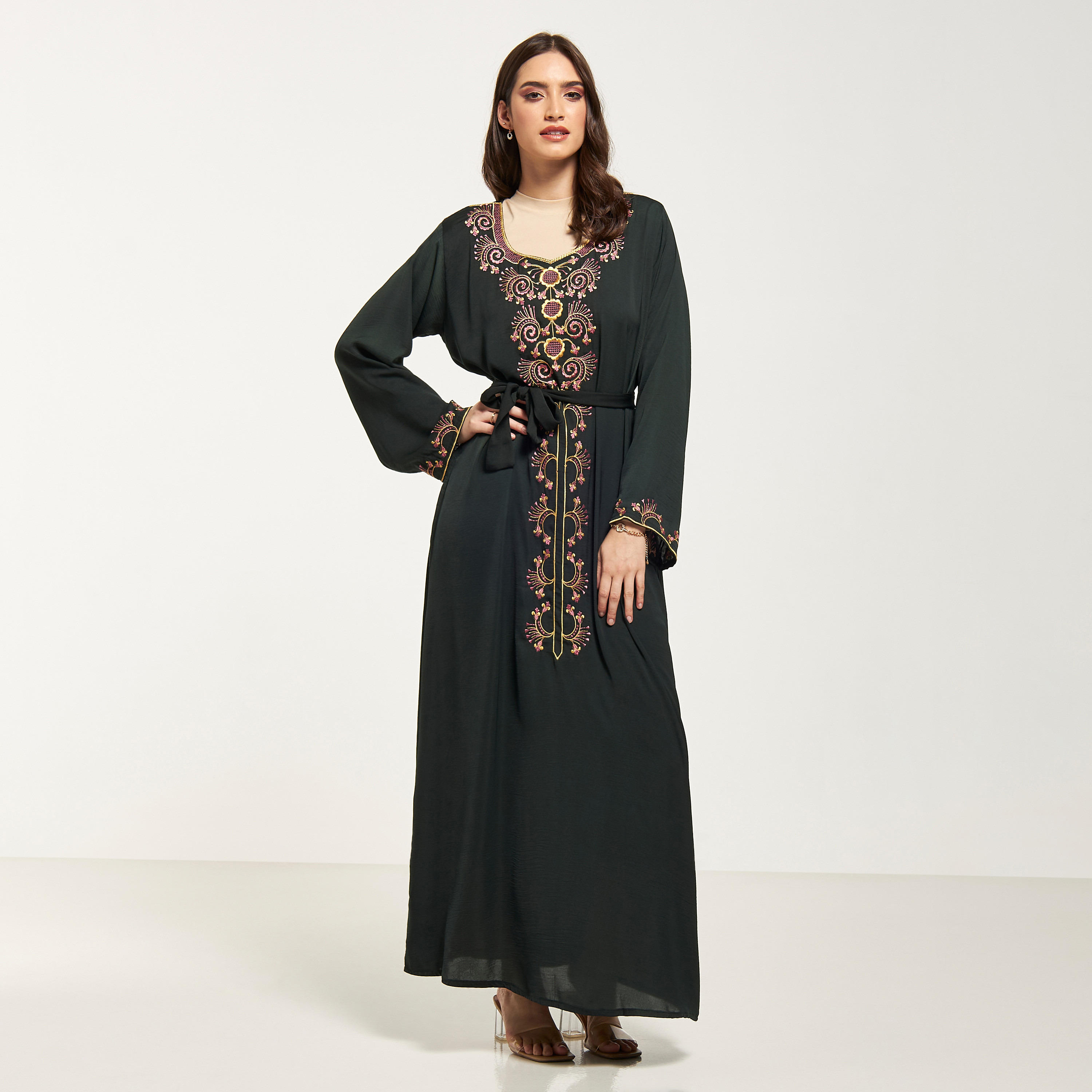 Malikah Embroidered Abaya with Tie-Up Belt-women-arabicclothing-abayas-image-1
